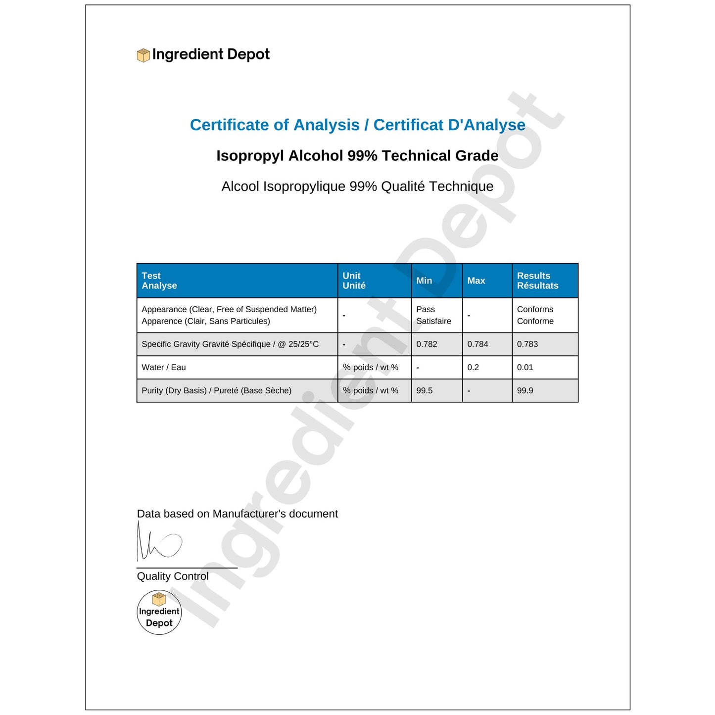 Alcohol Isopropyl 99% Technical Grade 200 litres COA