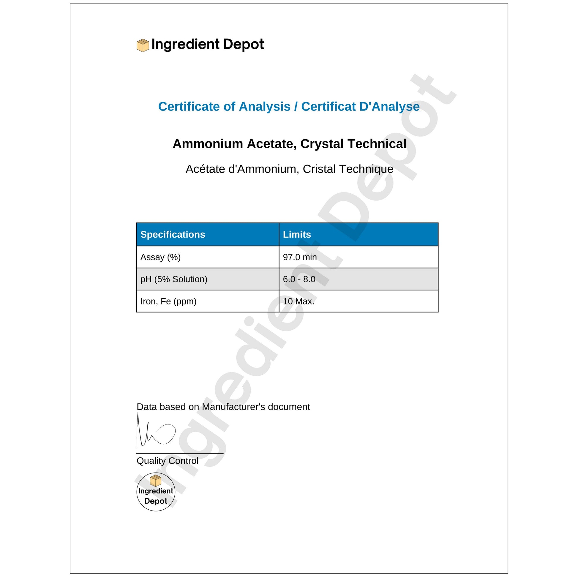 Ammonium Acetate 97% Crystal Purified 1 kg COA