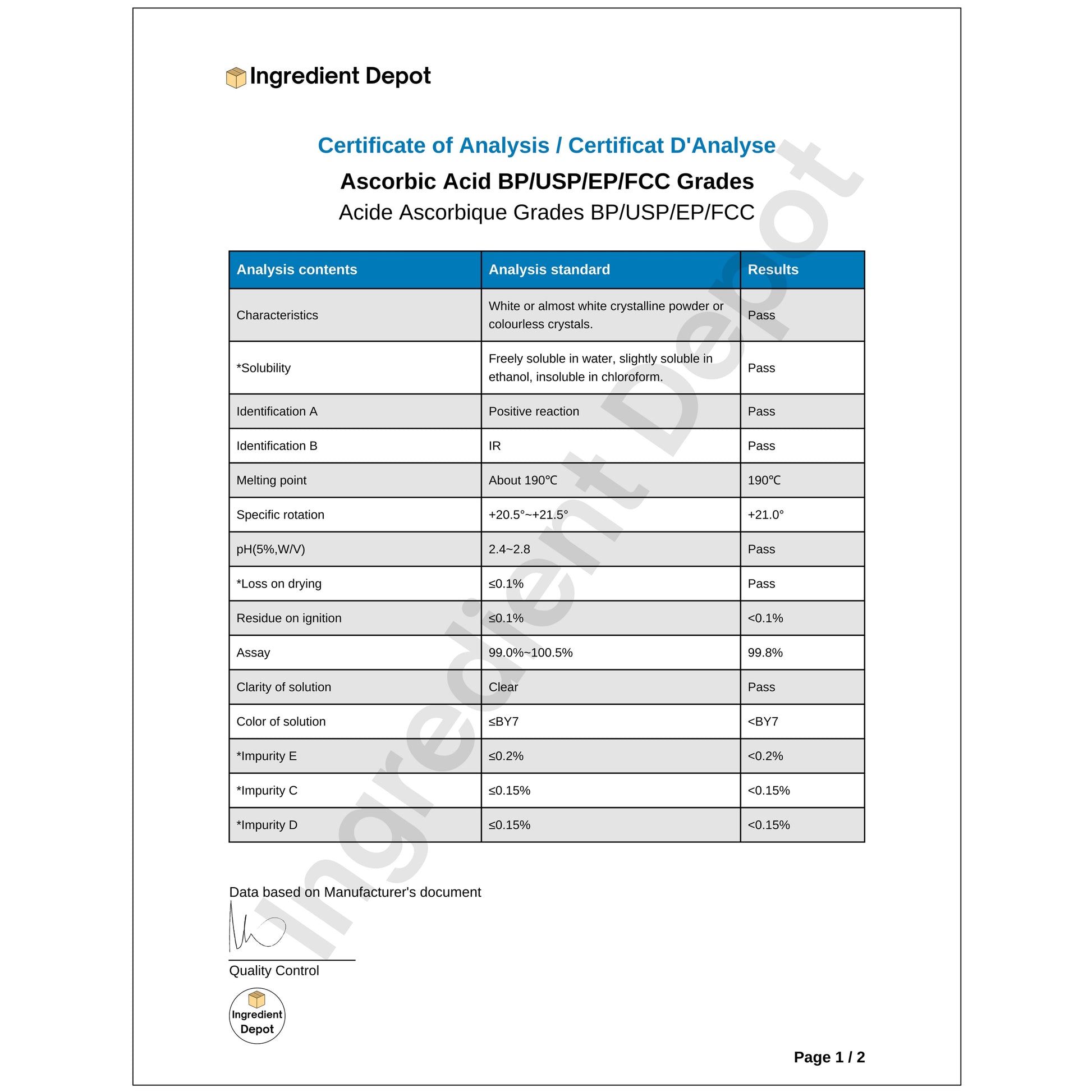 Ascorbic Acid (Vitamin C), Food and USP Grade 12 kgs - IngredientDepot.com