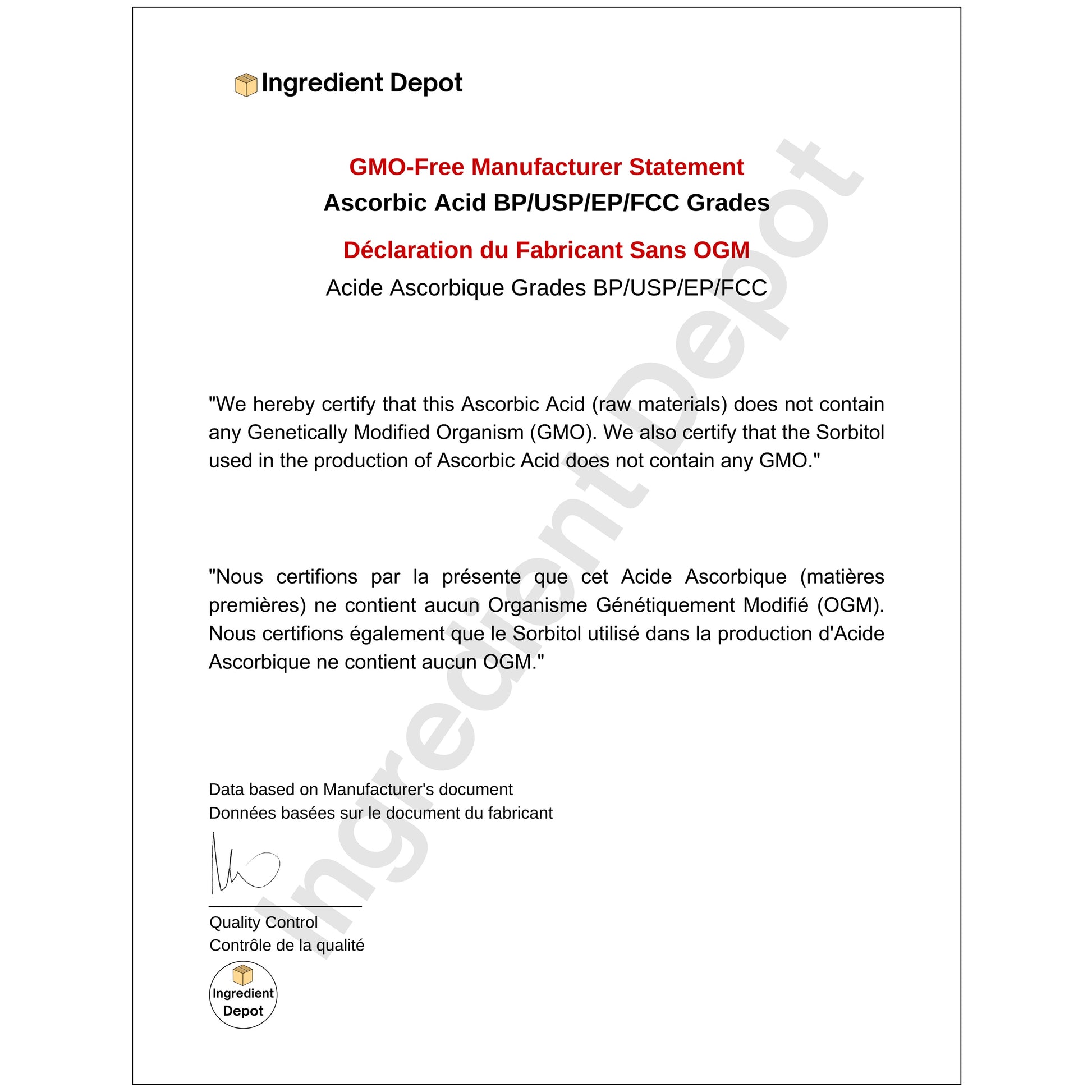 Ascorbic Acid (Vitamin C), Food and USP Grade 1 kg - IngredientDepot.com