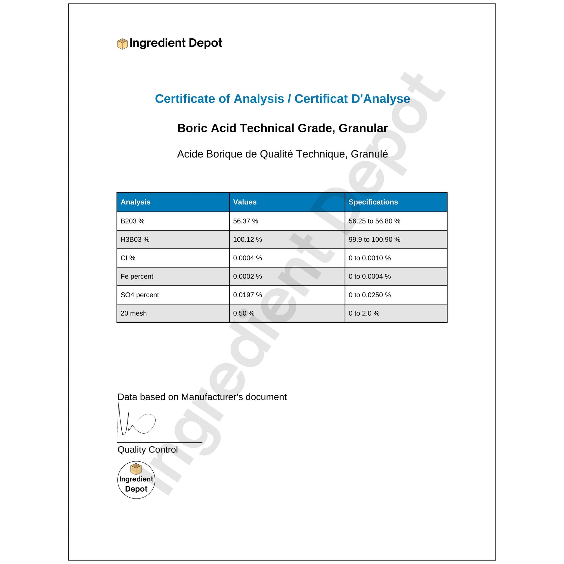 Boric Acid Technical Grade & Granular Free-Flowing 10 kgs COA