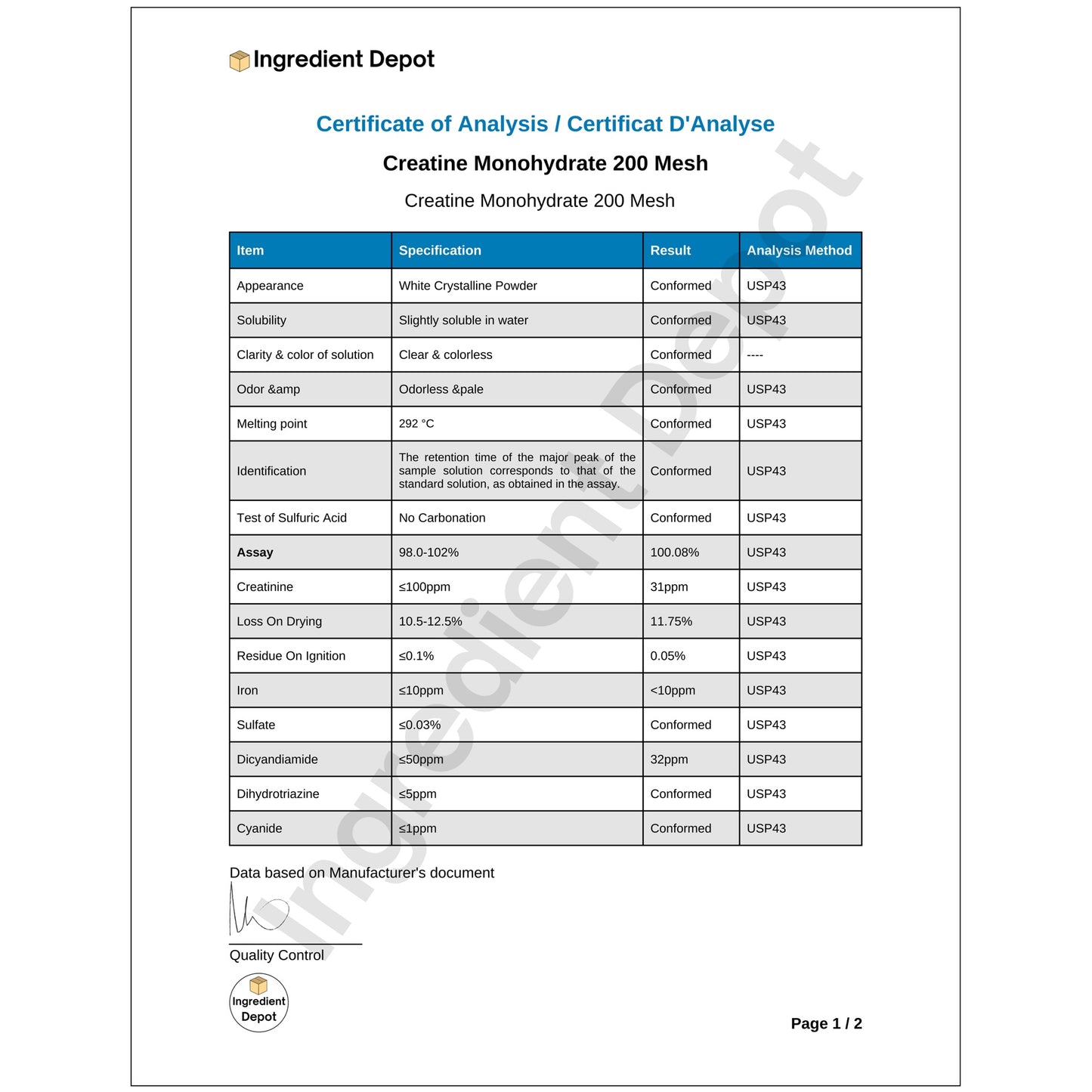 Creatine Monohydrate USP Grade 1 kg COA Page 1