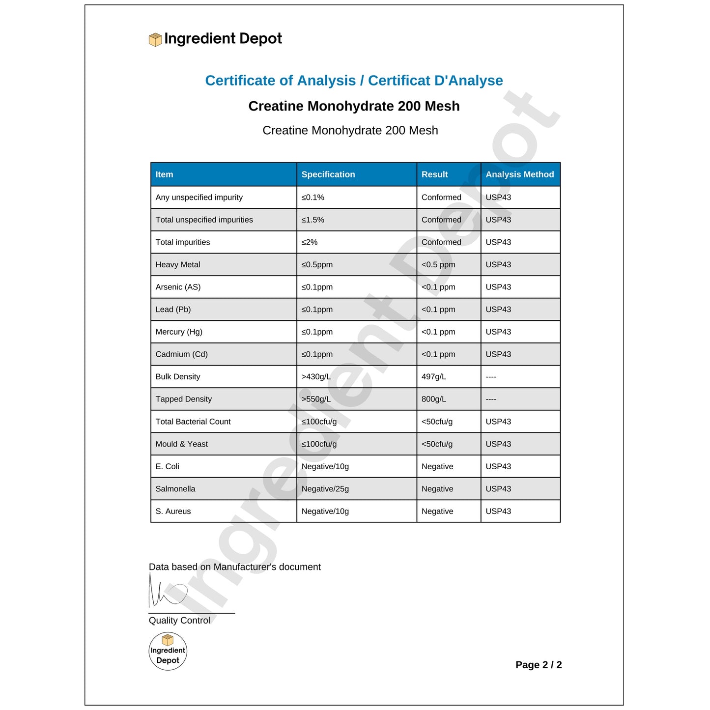 Creatine Monohydrate USP Grade 1 kg COA Page 2