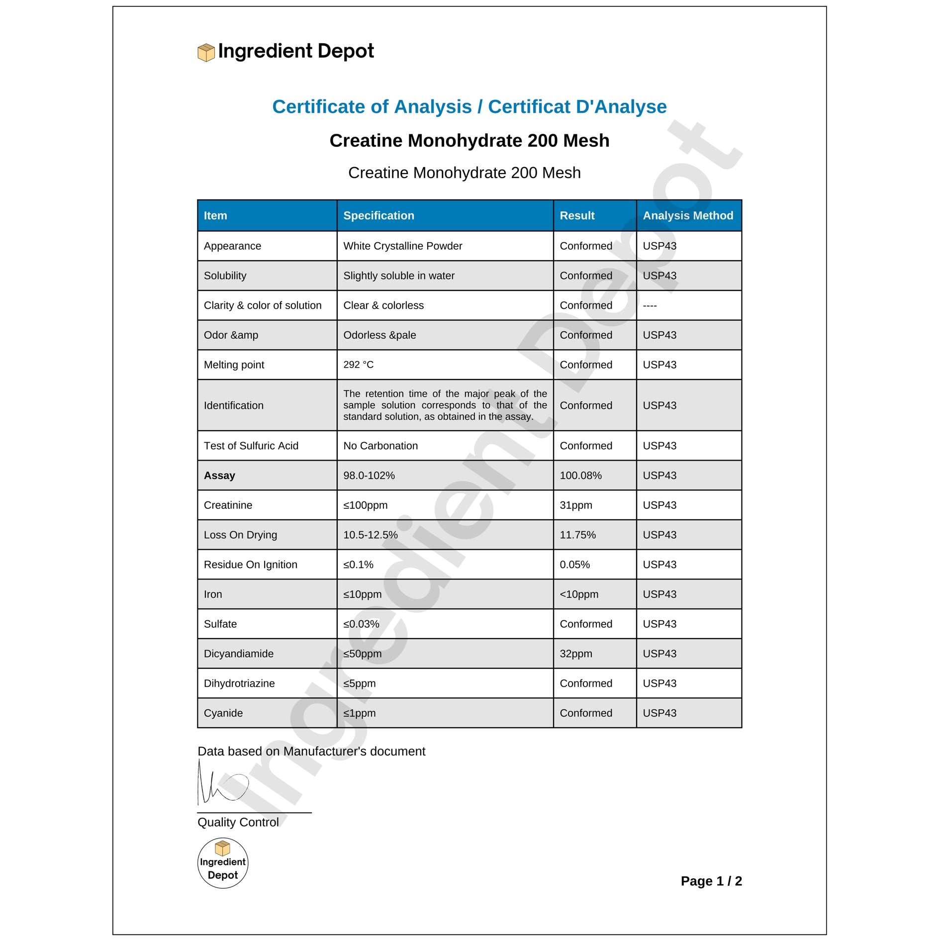 Creatine Monohydrate USP Grade 3 kgs COA Page 1