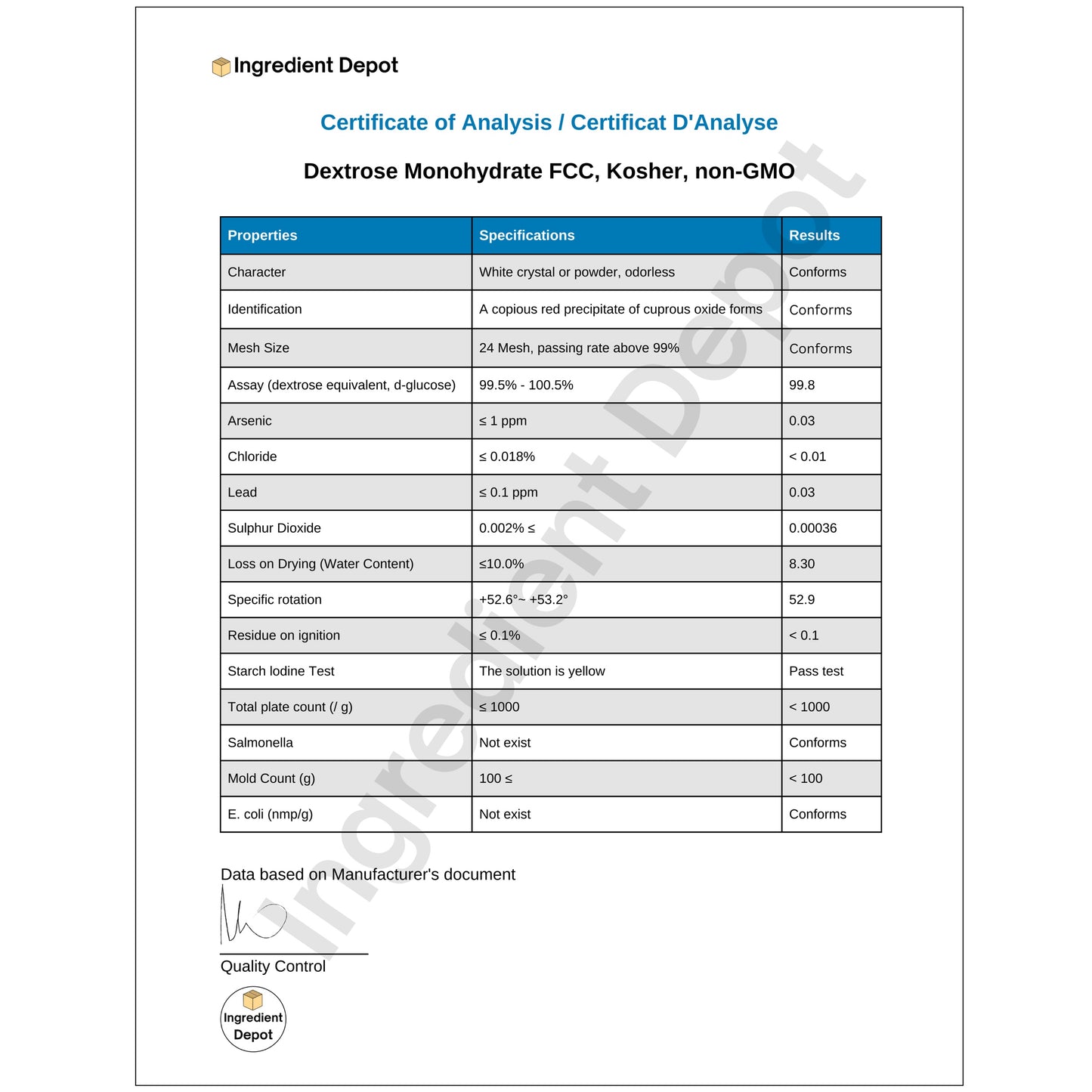 Dextrose Monohydrate, Food Grade 25 kgs