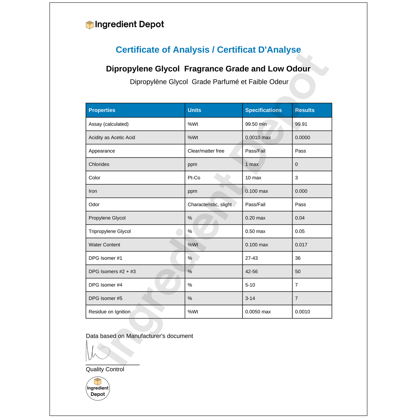 DiPropylene Glycol 99.5% Fragrance Grade 20 litres COA