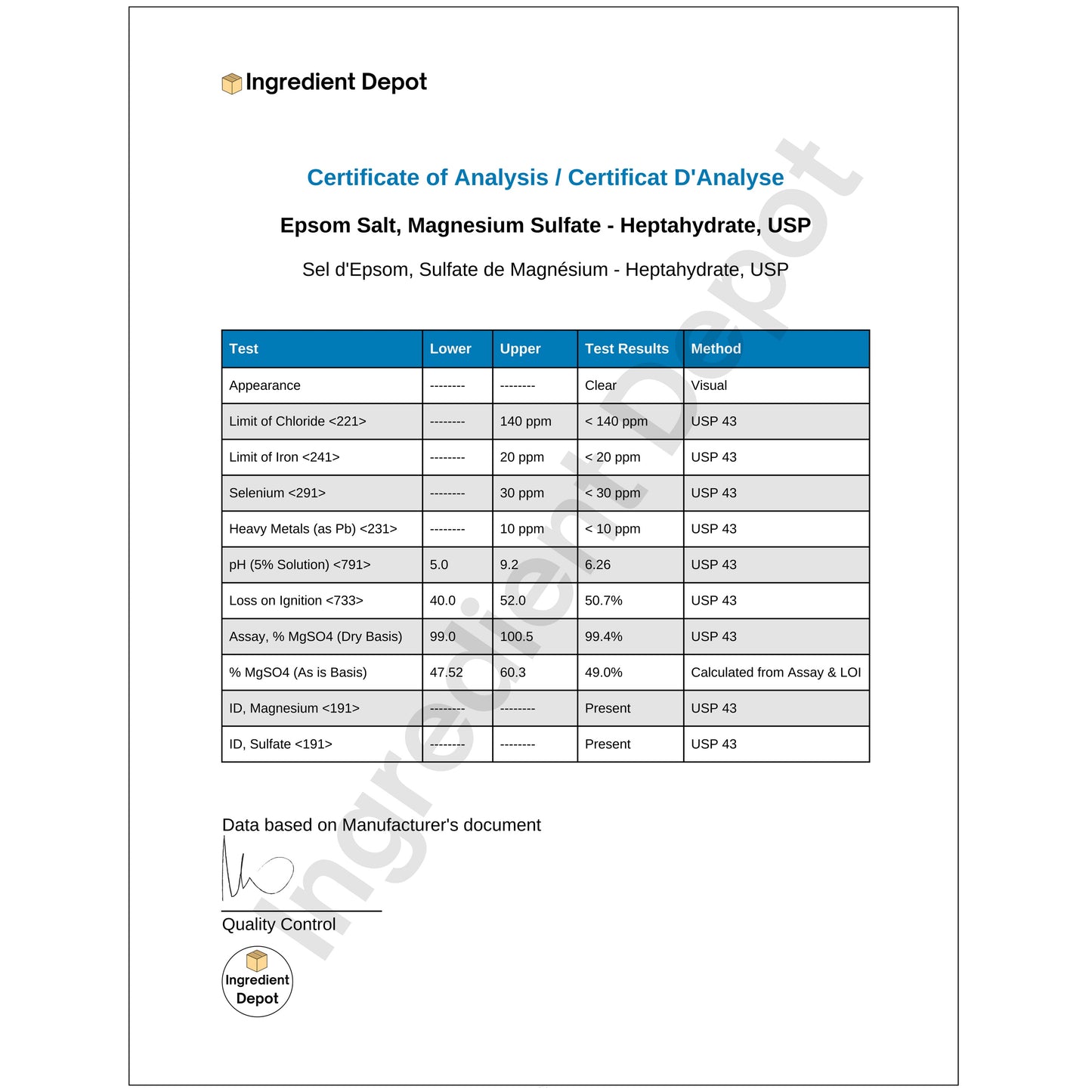 Epsom Salt (Magnesium Sulfate Heptahydrate) USP Grade 1 kg COA