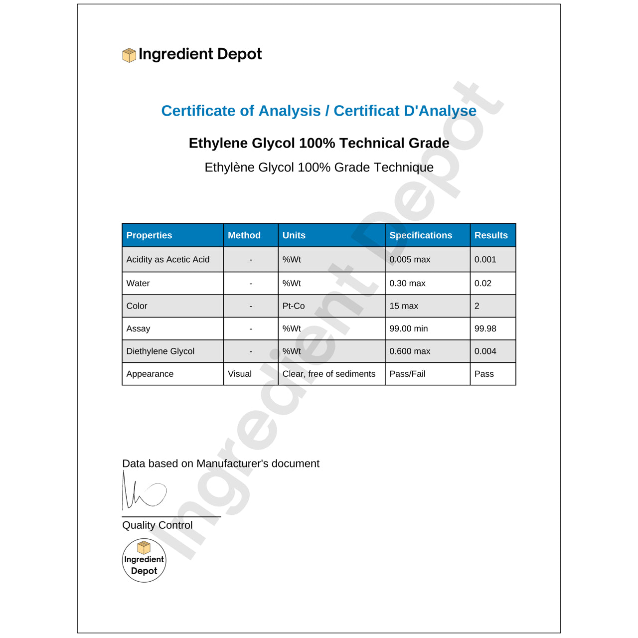 Ethylene Glycol 100% Technical Grade Pails on a Pallet COA