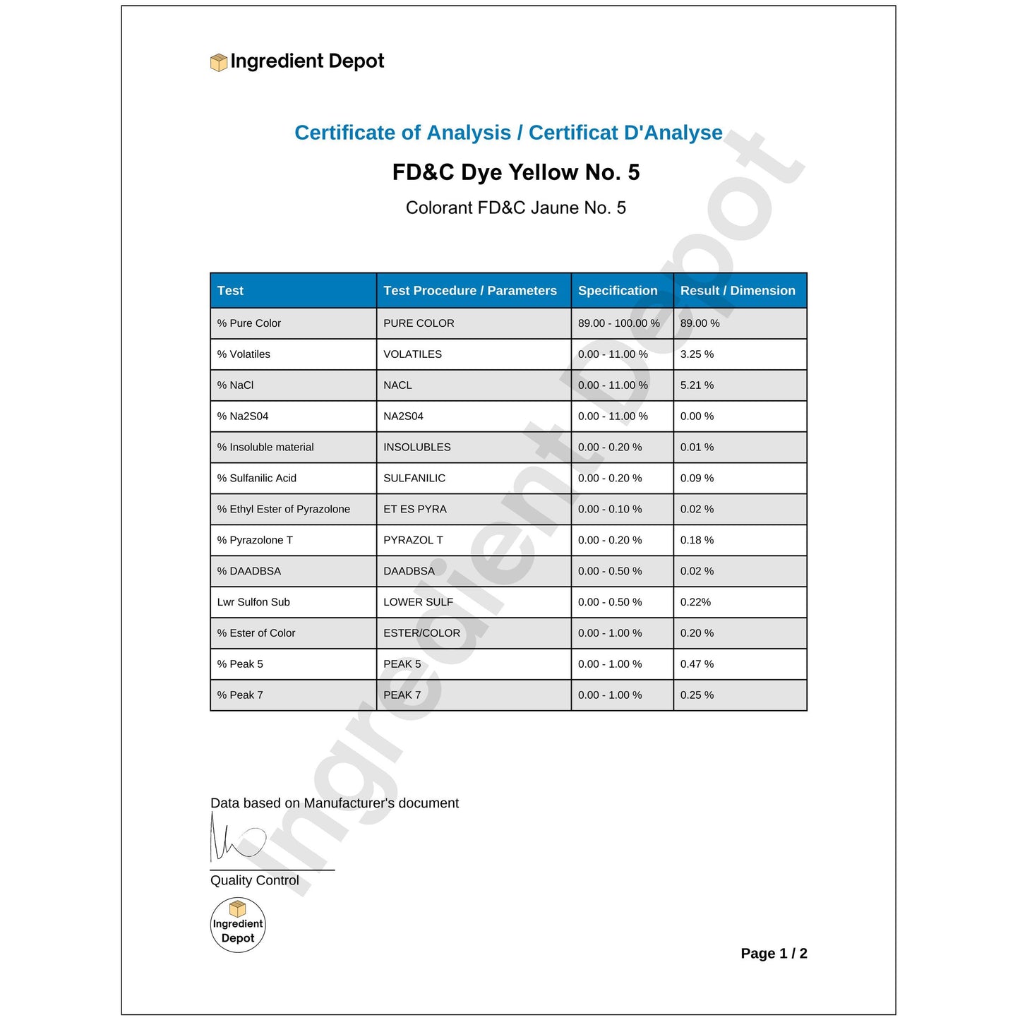 Yellow No. 5 FD&C Dye (Tartrazine) COA page 1