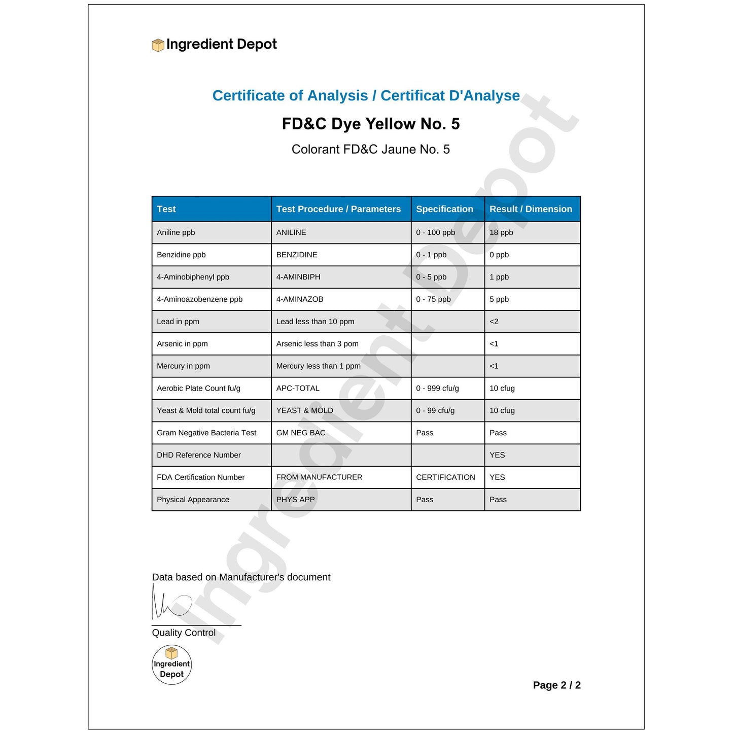 Yellow No. 5 FD&C Dye (Tartrazine) COA page 2