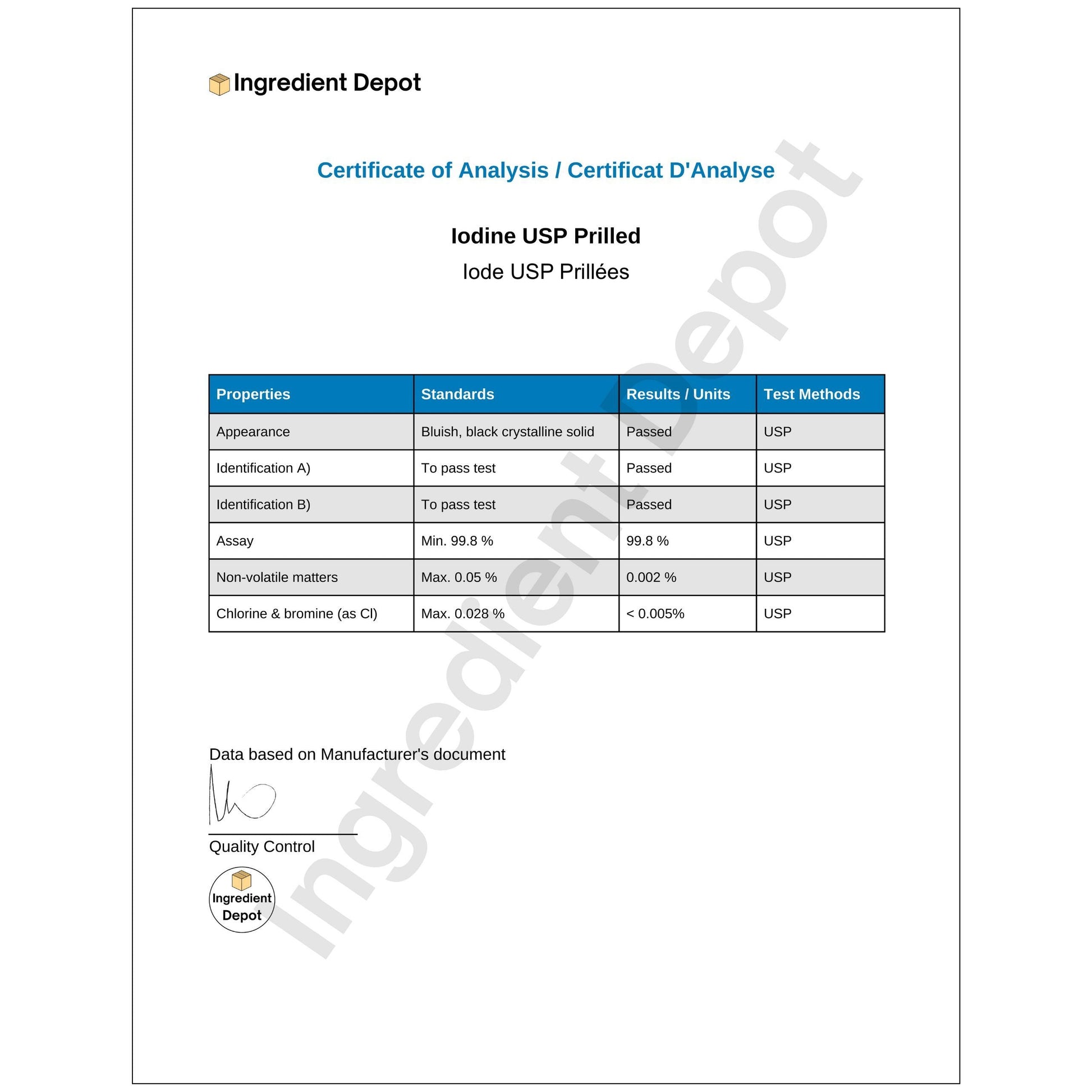 Iodine Prilled 99.8% USP Grade 10 kgs to 50 kgs COA