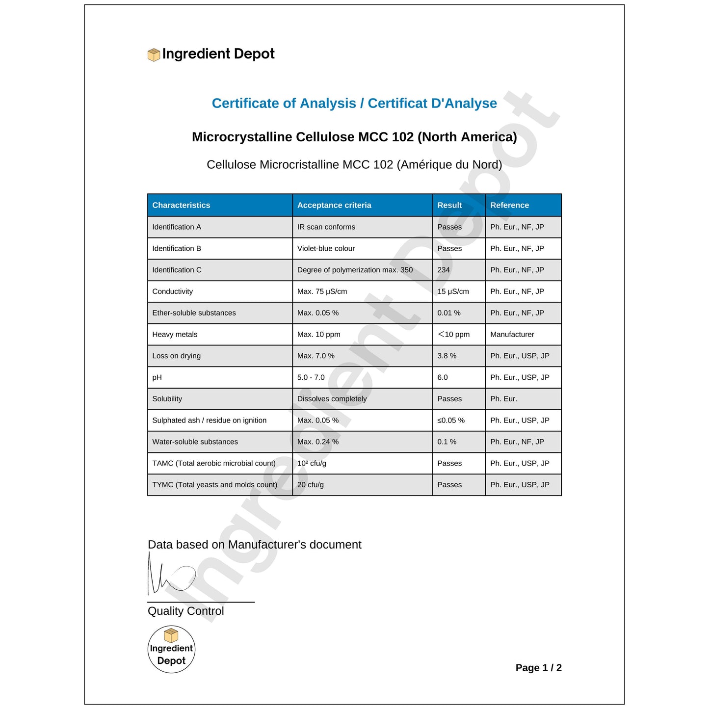 MCC 102 Microcrystalline Cellulose 20 kgs from North America - IngredientDepot.com