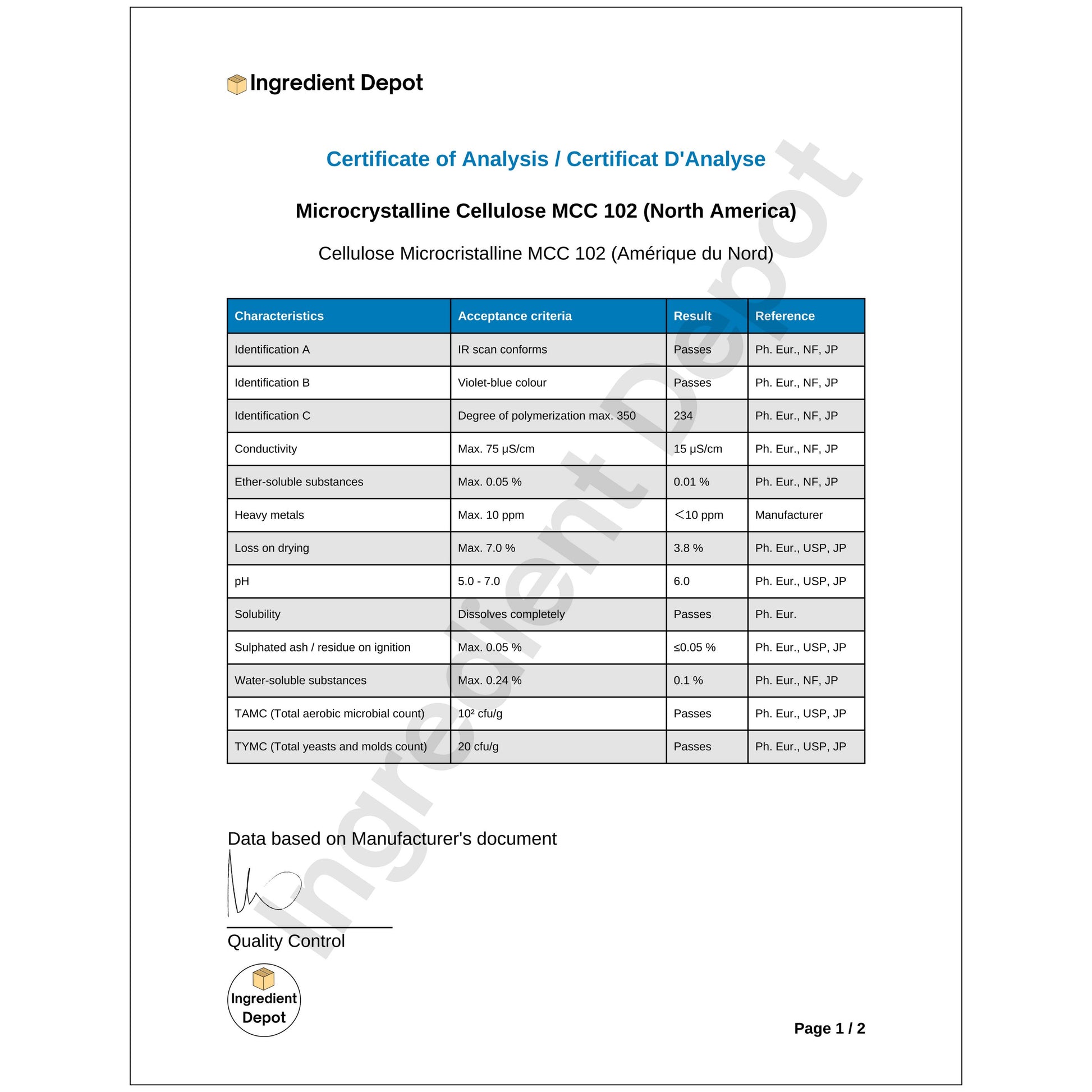 MCC 102 Microcrystalline Cellulose 20 kgs from North America - IngredientDepot.com