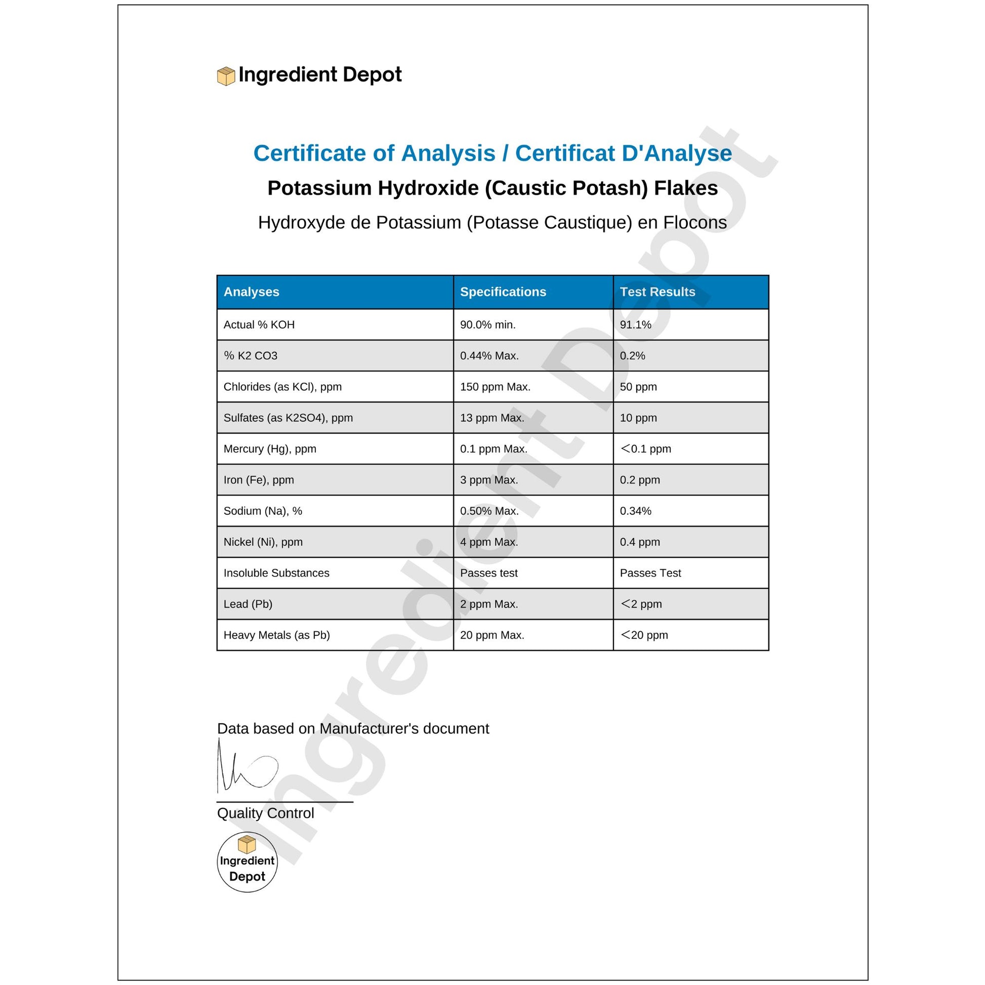 Potassium Hydroxide (Caustic Potash or KOH) Flakes - 22.68 kgs Pail(s) on a Pallet - IngredientDepot.com