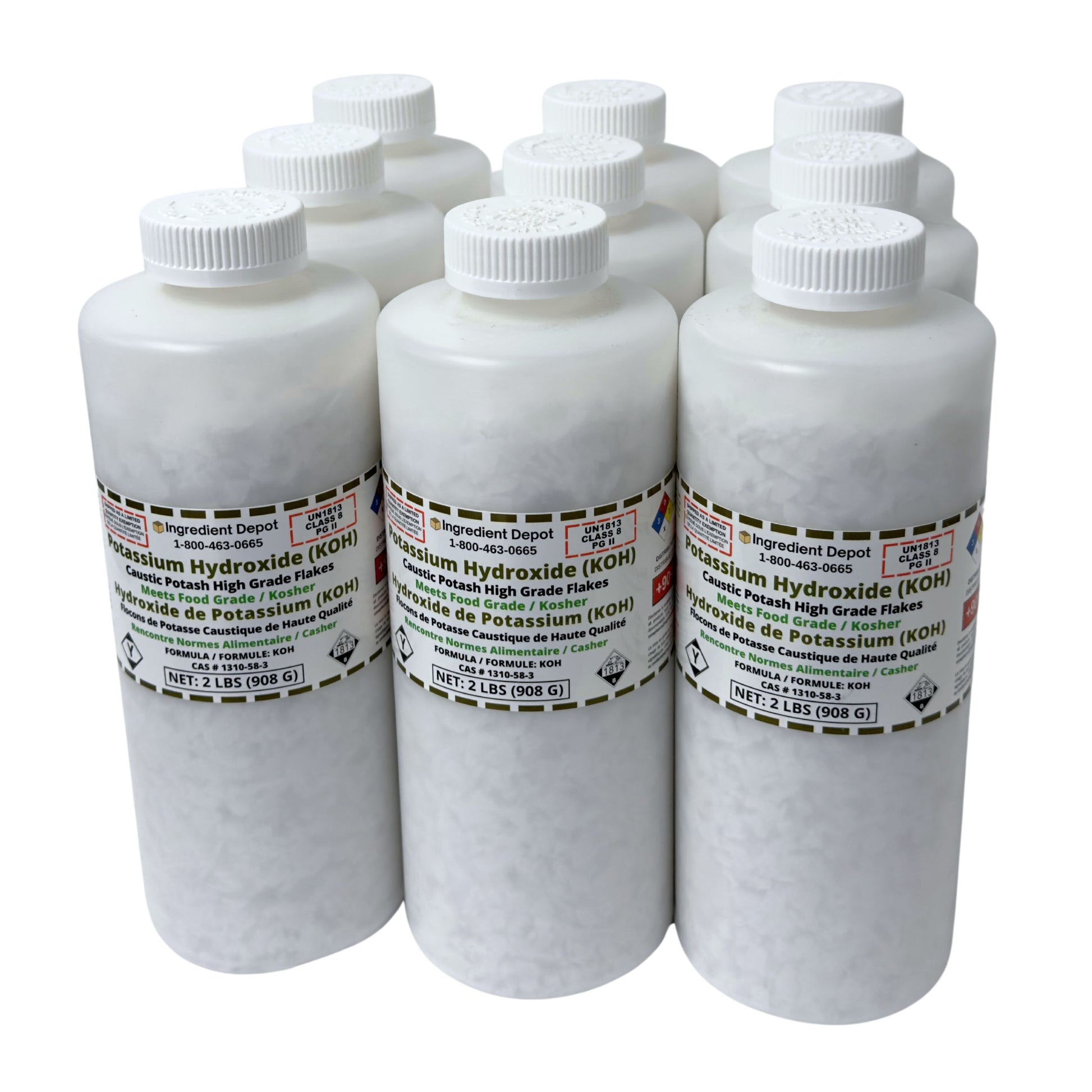 Potassium Hydroxide (KOH or Caustic Potash) Flakes 9 Jars