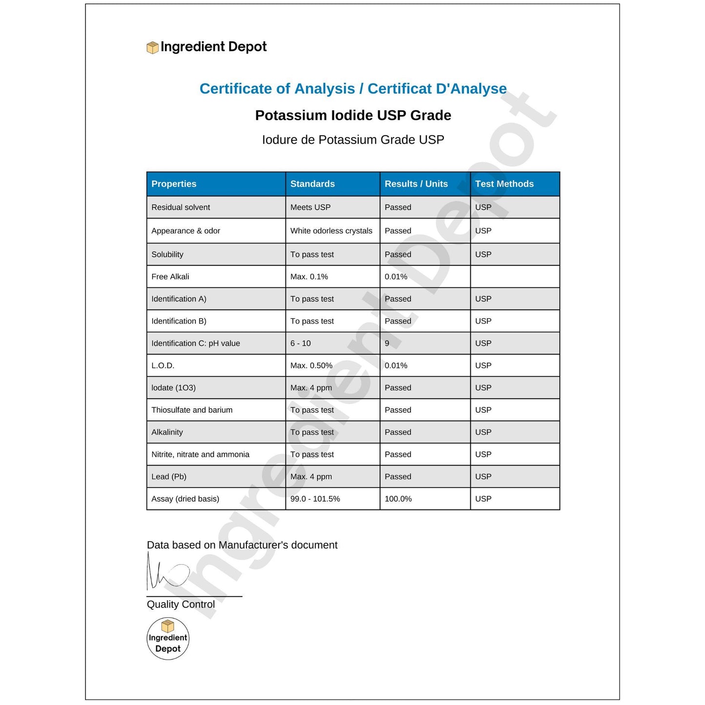 Potassium Iodide +99% USP Grade 25 kgs COA