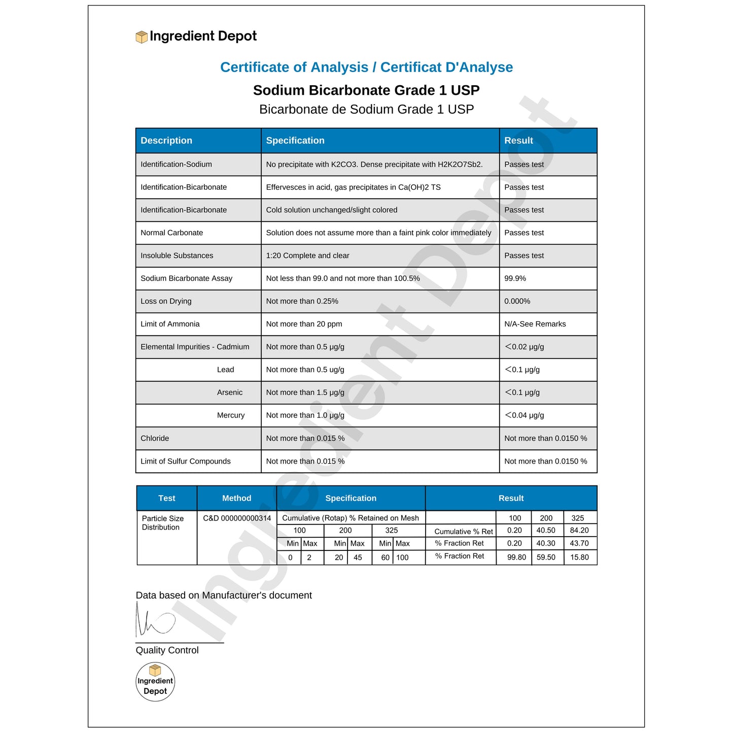 Sodium Bicarbonate No. 1 Powdered, USP Grade 1 kg COA