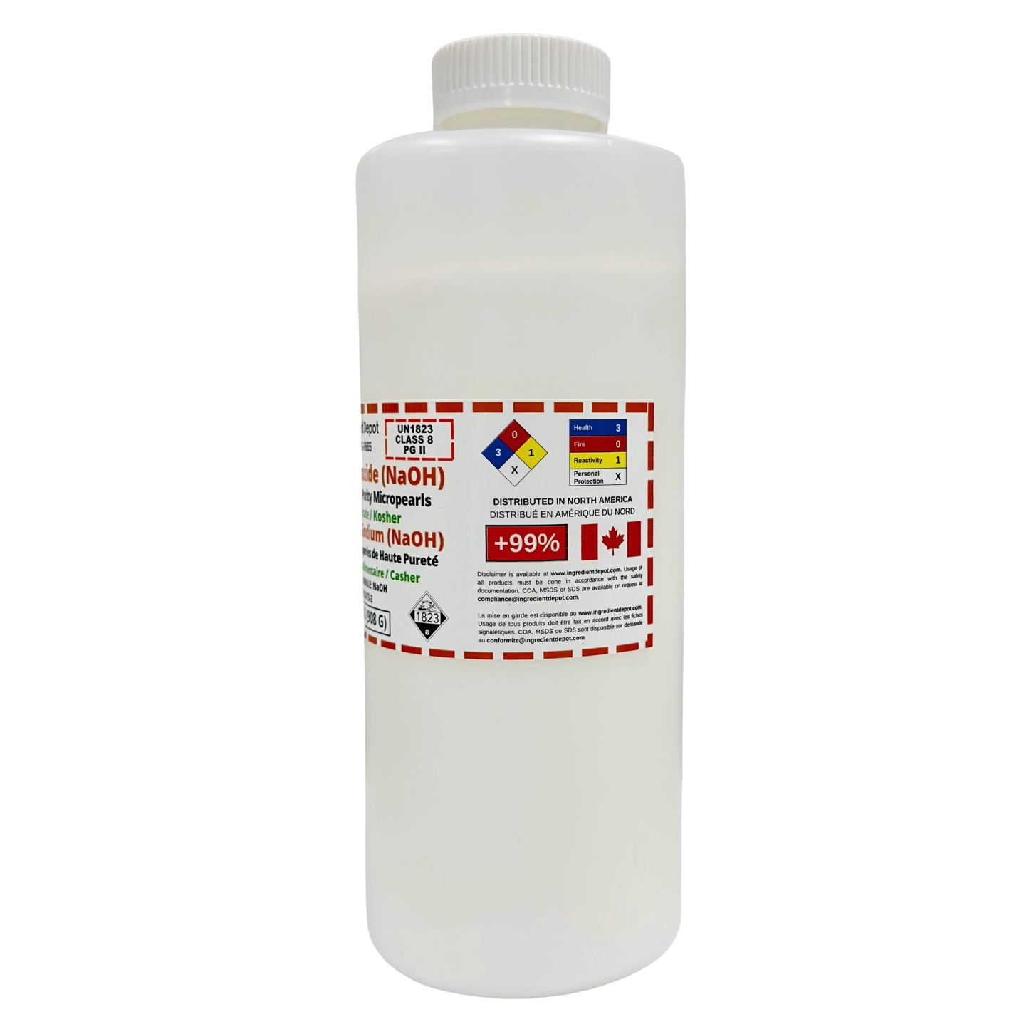 Sodium Hydroxide (NaOH or Caustic Soda) Micropearls Jar Right View