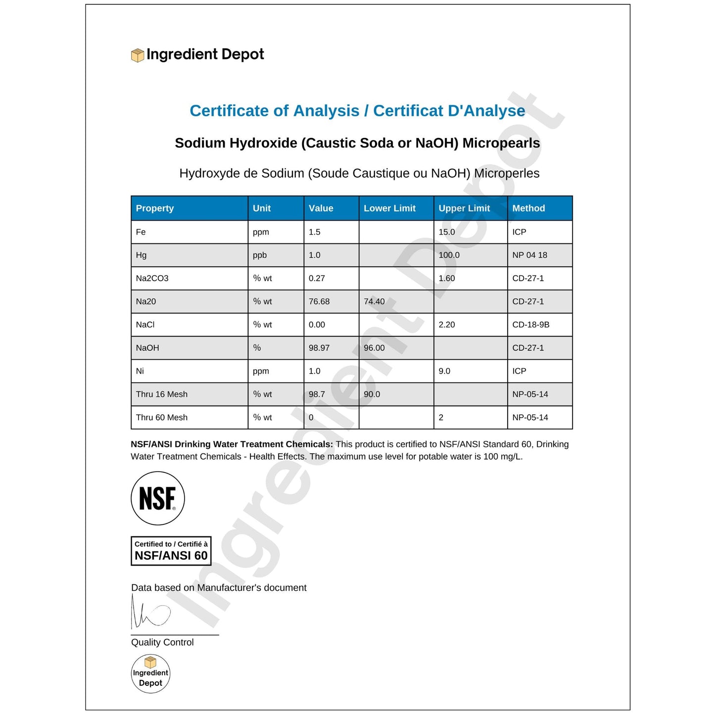 Sodium Hydroxide (NaOH or Caustic Soda) Micropearls - 22.68 kgs Pail(s) on a Pallet - IngredientDepot.com