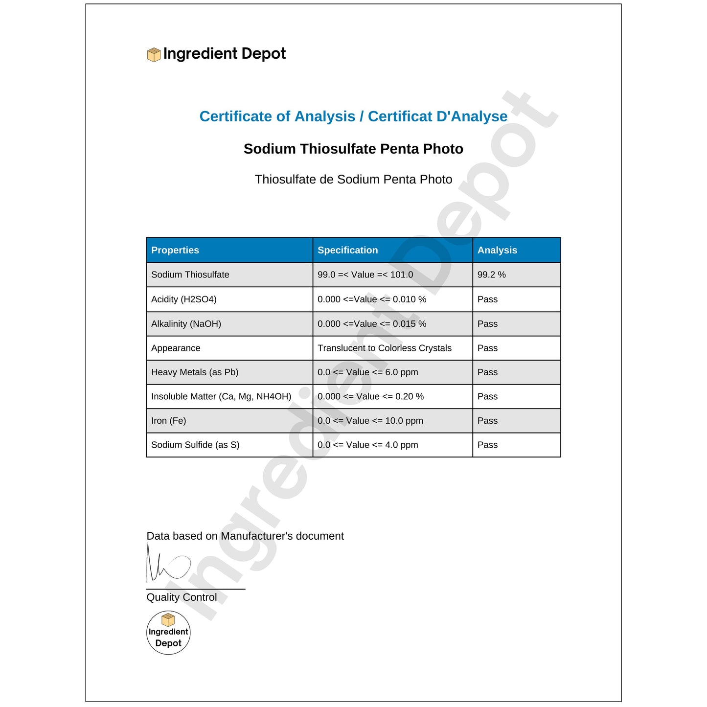 Sodium Thiosulphate (Thiosulfate) Penta Photo 13 kgs COA