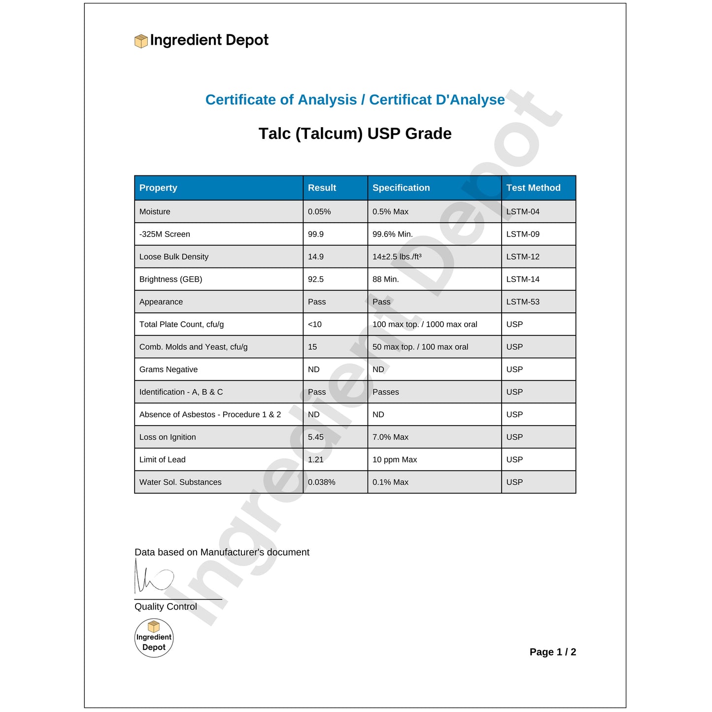 Talc (Talcum) Powder 1 kg COA Page 1