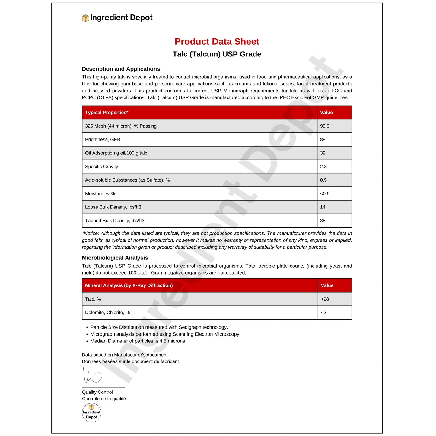 Talc (Talcum) Powder 1 kg Specifications