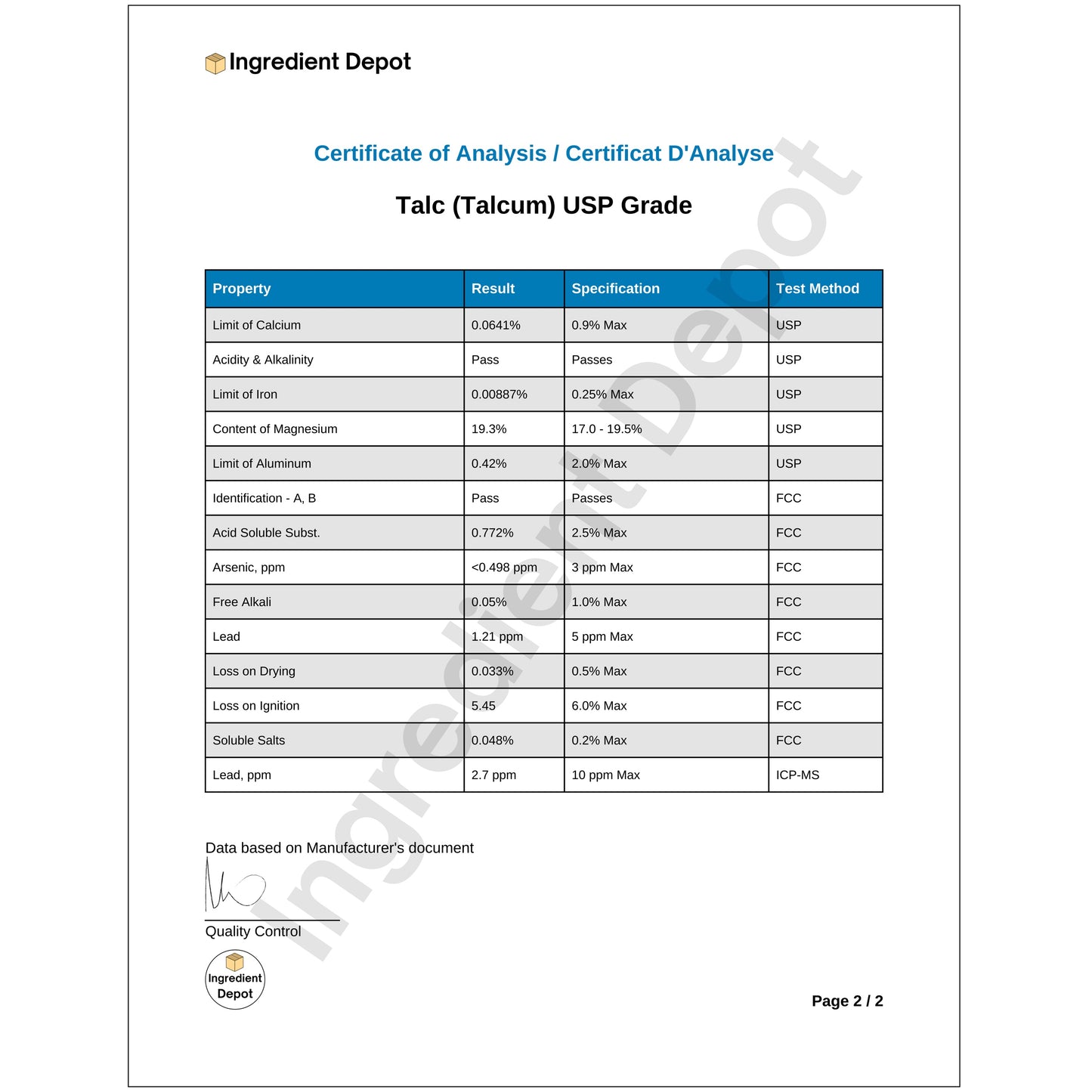 Talc (Talcum) Powder 2 kgs COA Page 2