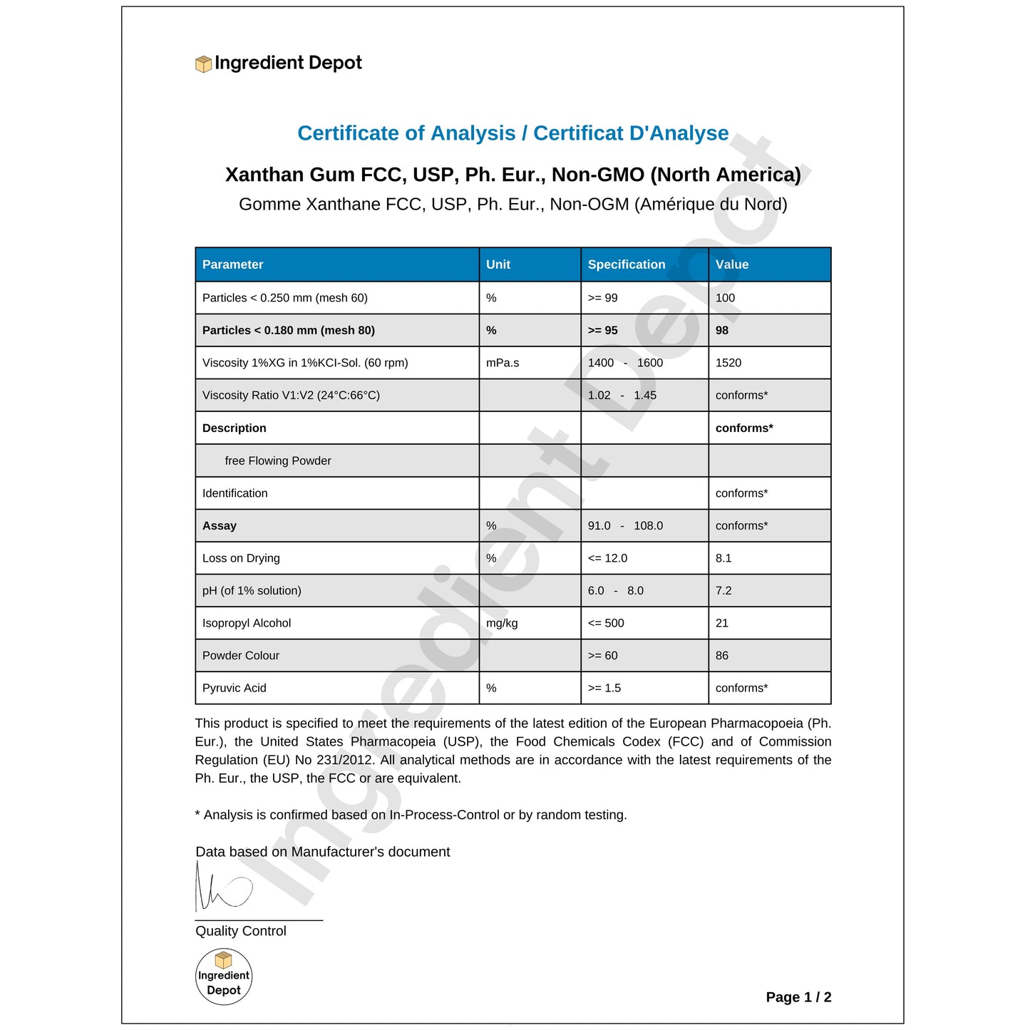 Xanthan Gum Food Grade, Non-GMO, USP Grade (North America) 1 kg COA Page 1