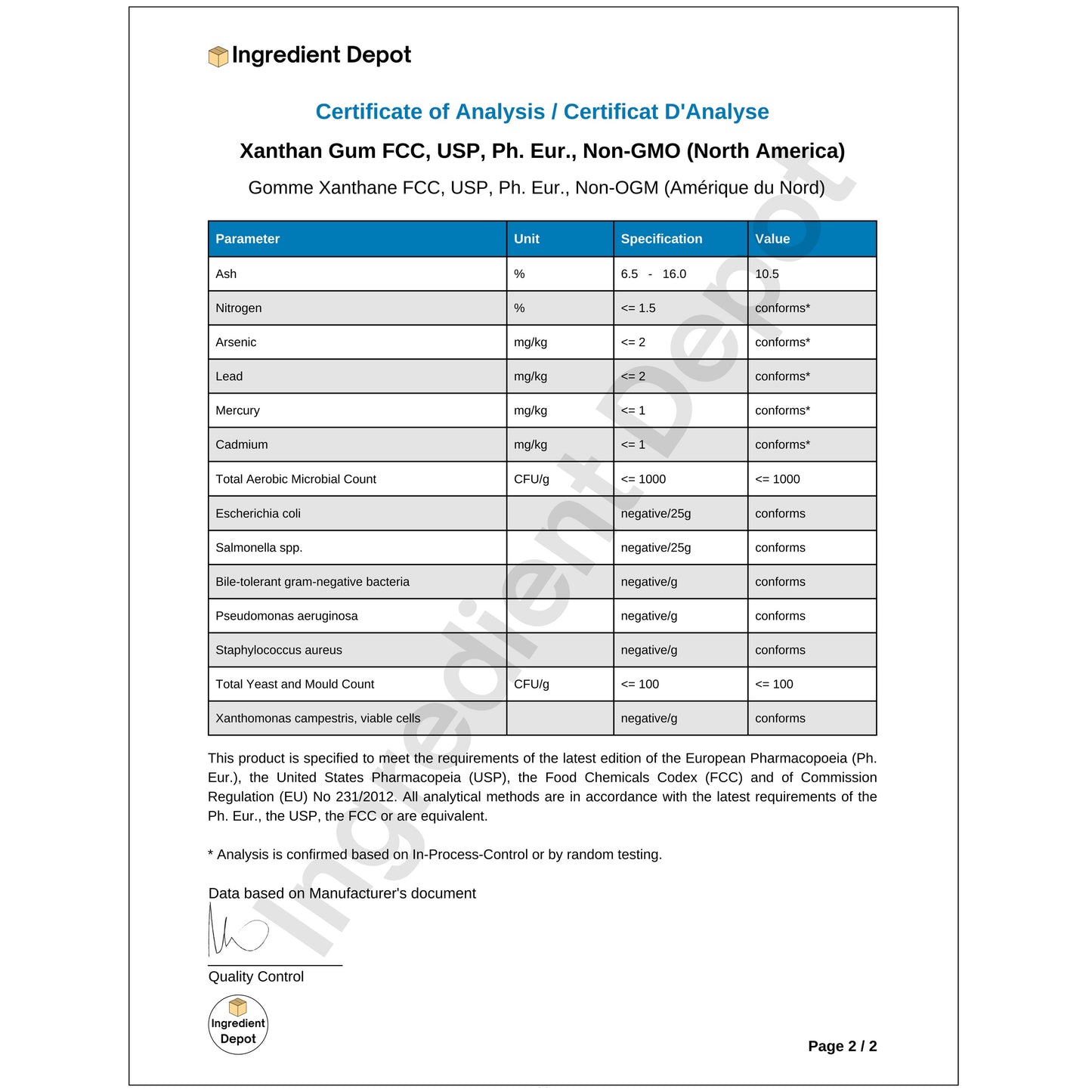 Xanthan Gum Food Grade, Non-GMO, USP Grade (North America) 22.68 kgs COA Page 2