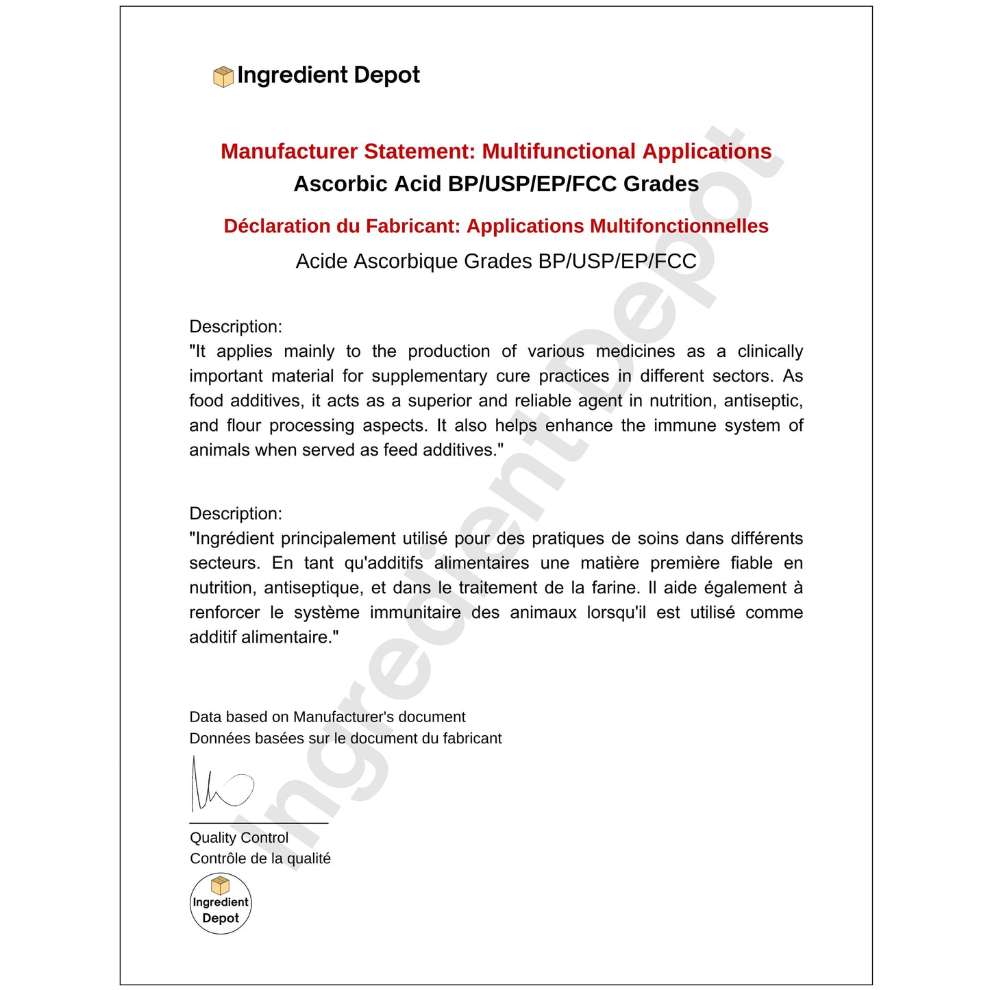 Acide Ascorbique (Vitamine C) Grade Alimentaire et USP 25 kgs