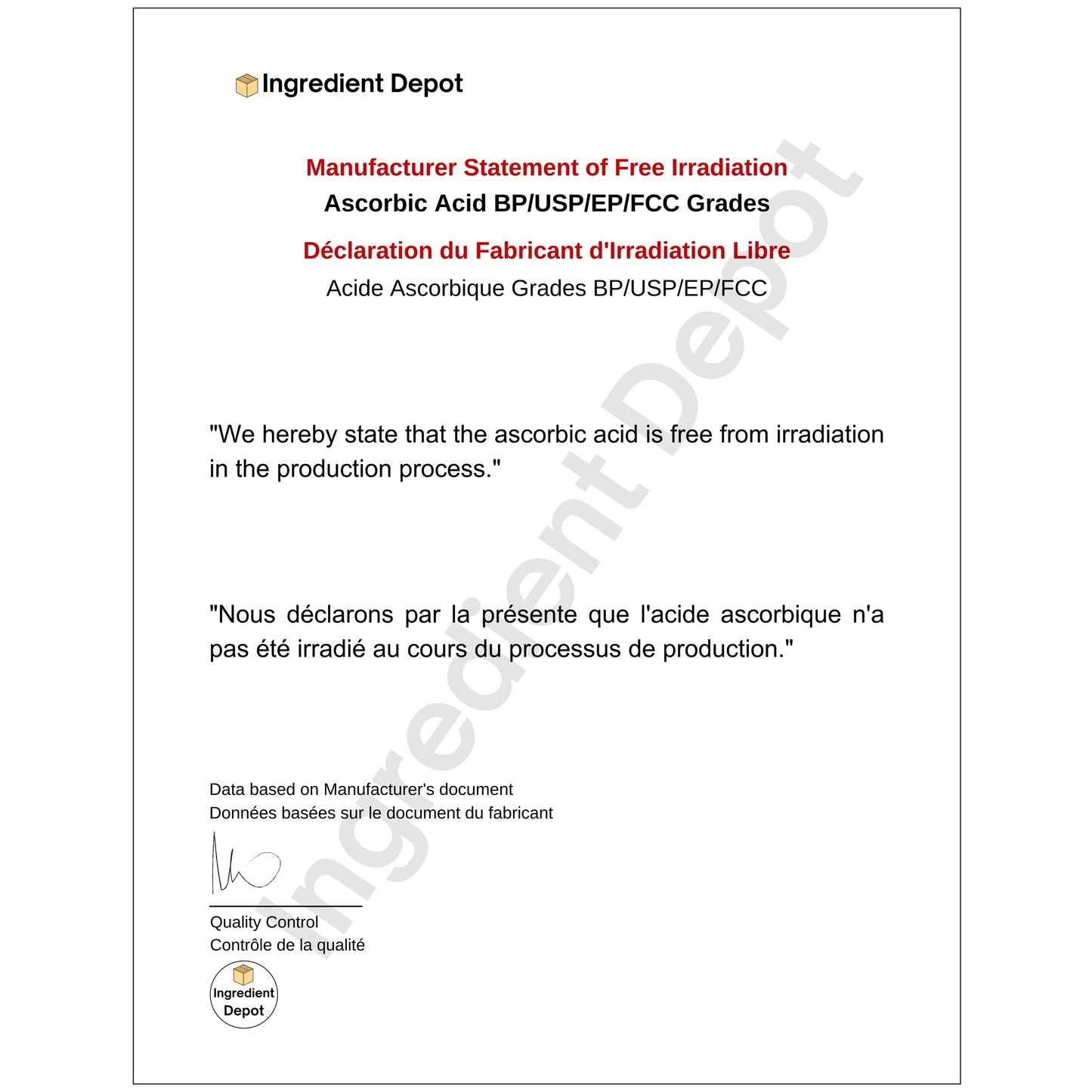 Acide Ascorbique (Vitamine C) Grade Alimentaire et USP 25 kgs