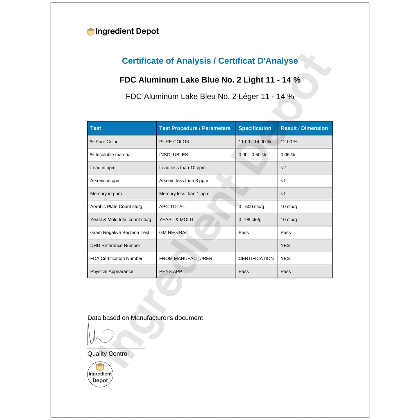 Blue No. 2 FD&C Aluminum Lake Light (11-14%) Indigotine