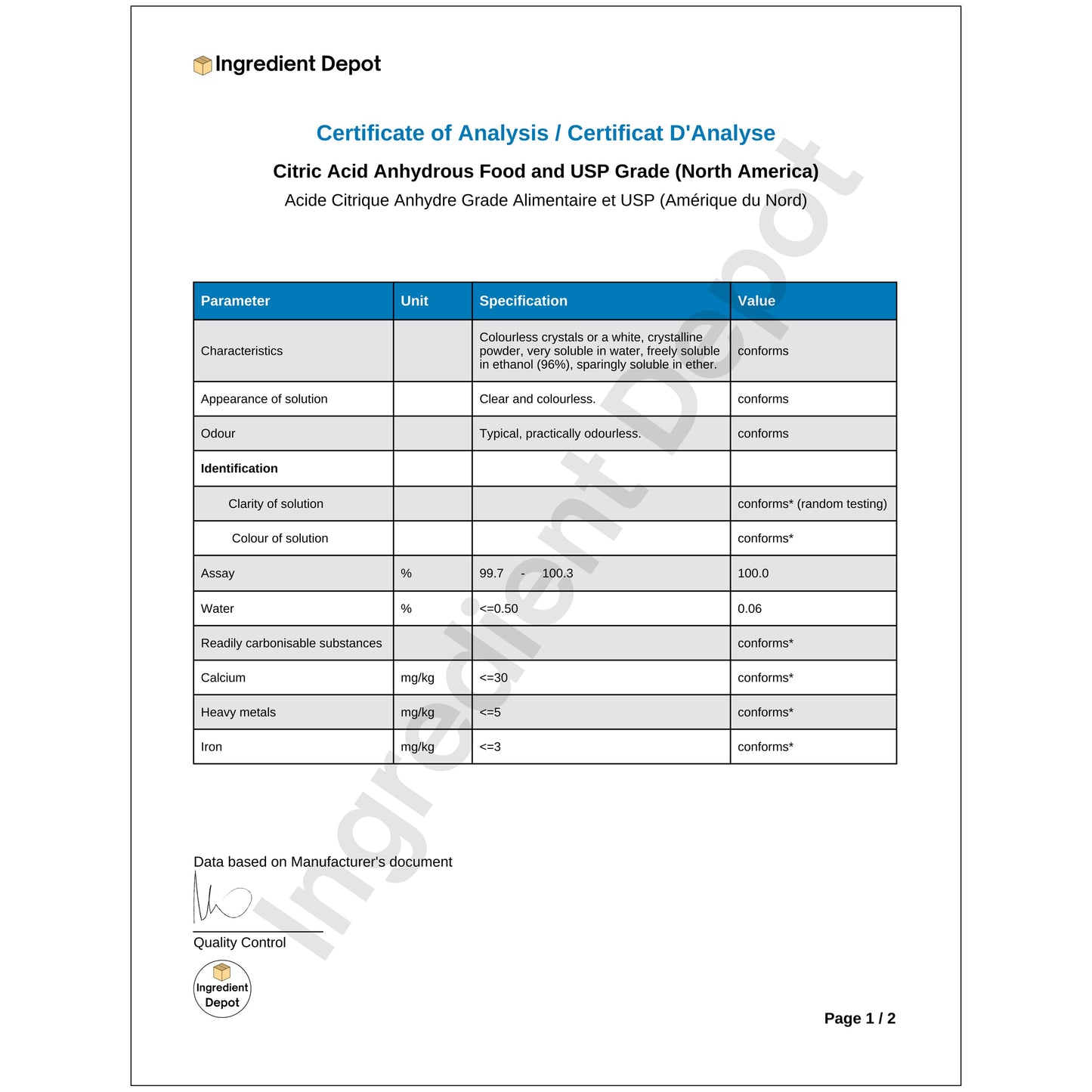 Citric Acid Food and USP Grade (North America) 4 kgs