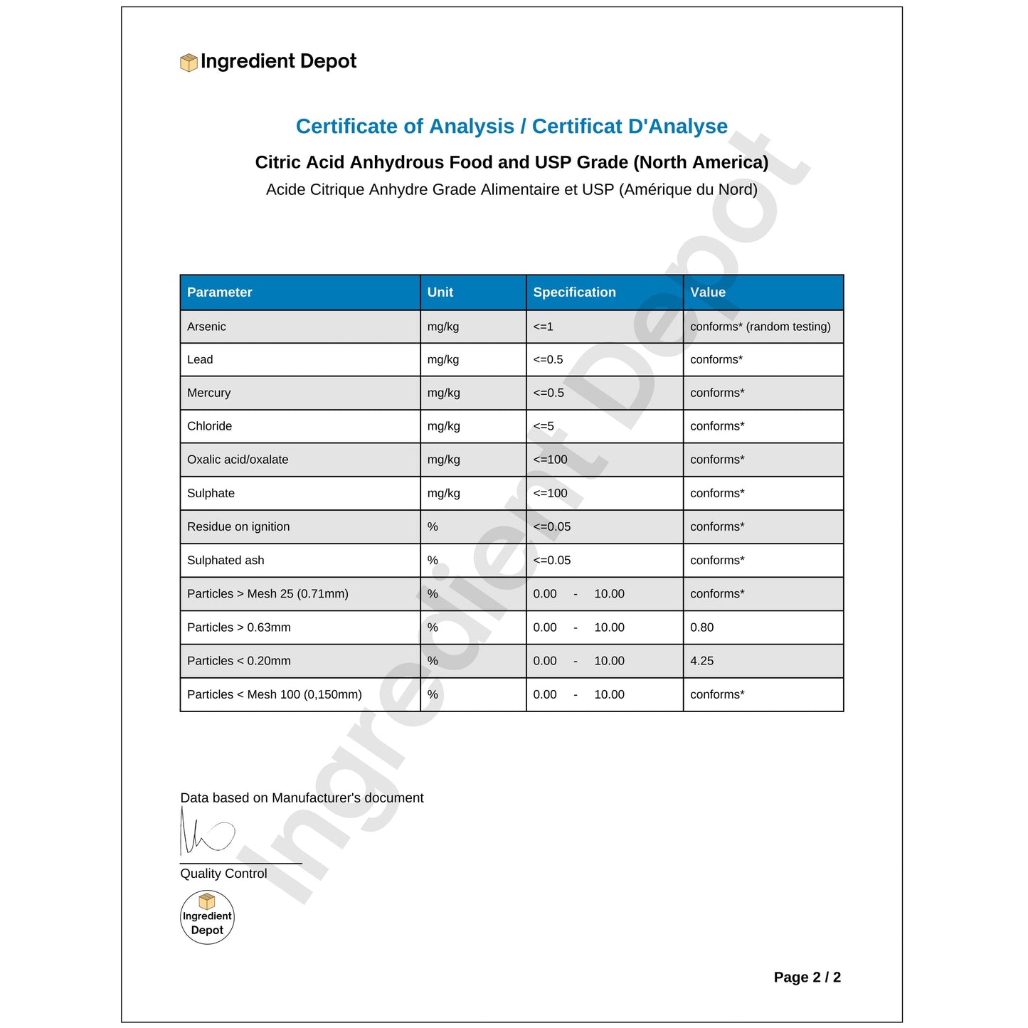 Citric Acid Food and USP Grade (North America) 4 kgs