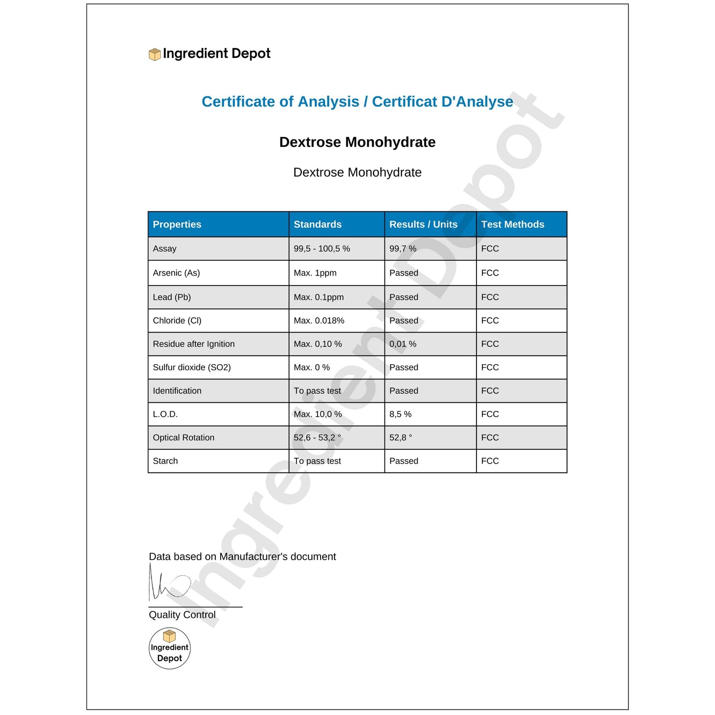 Dextrose Monohydrate, Food Grade 25 kgs