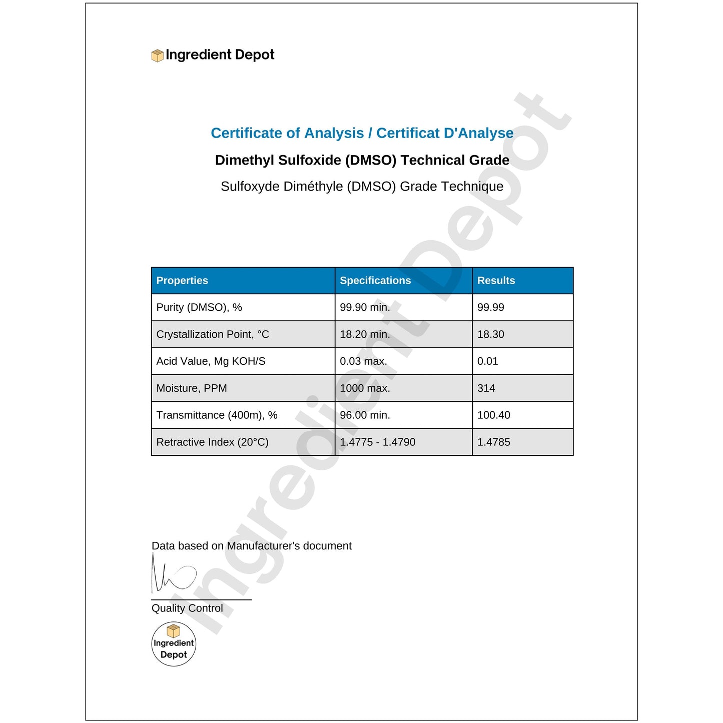 DMSO (Dimethyl Sulfoxide) +99.9% Technical Grade 20 litres