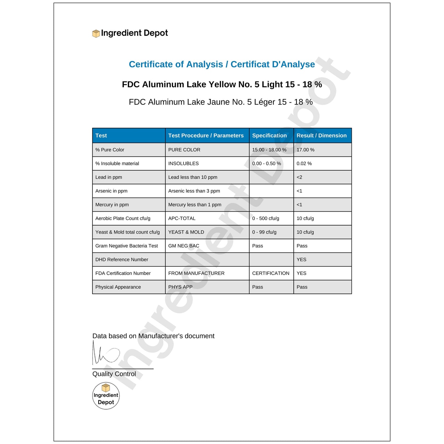 Yellow No. 5 FD&C Aluminum Lake Light (15-18%) Tartrazine