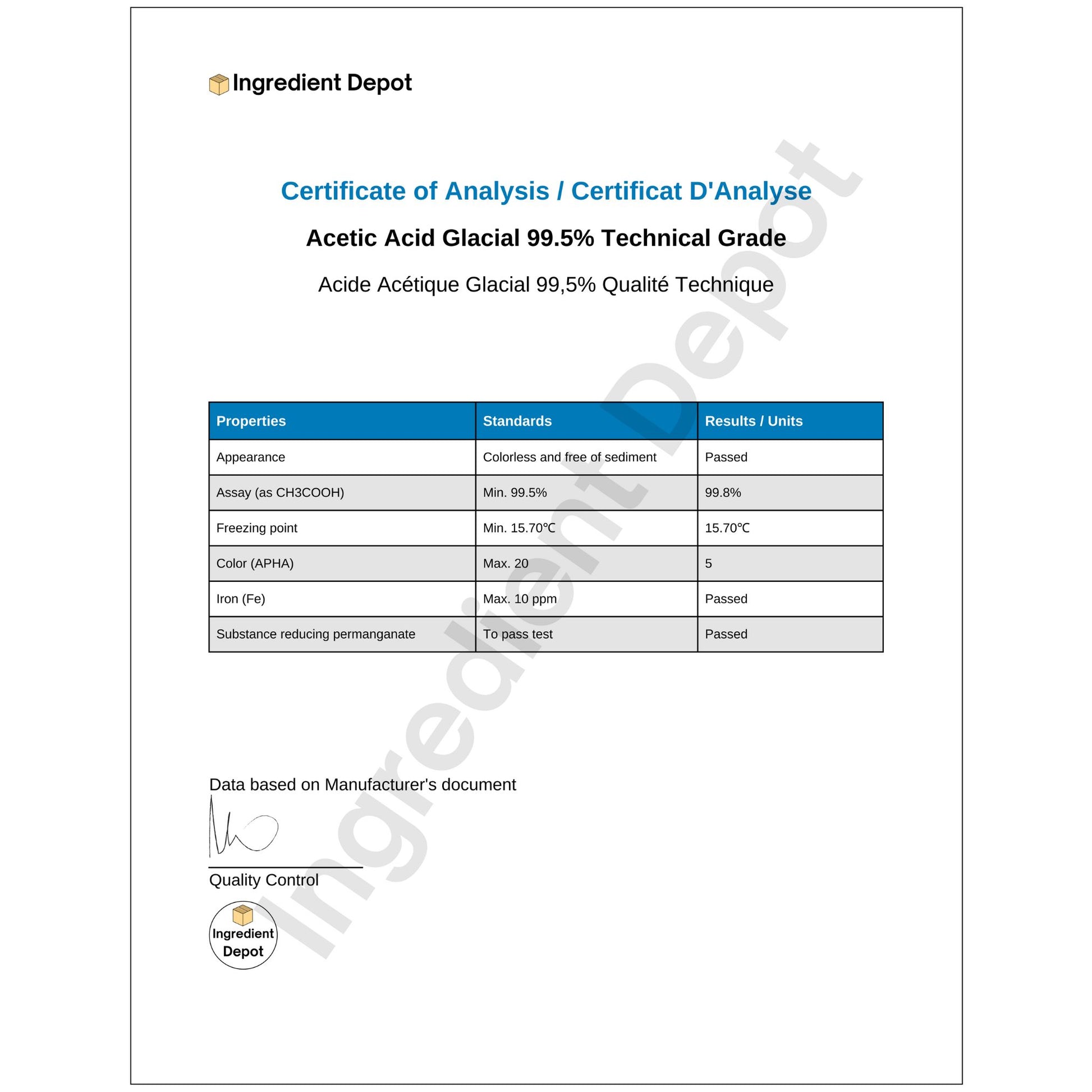 Acetic Acid Glacial 99.5% Technical Grade 200 litres COA