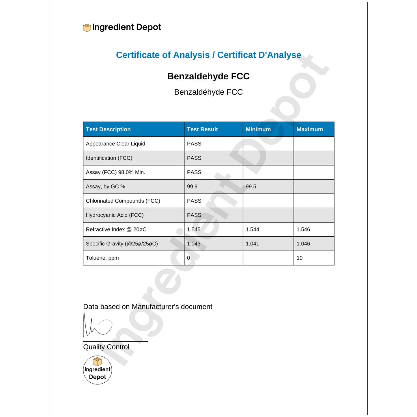 Benzaldehyde Food Grade 4 litres - IngredientDepot.com