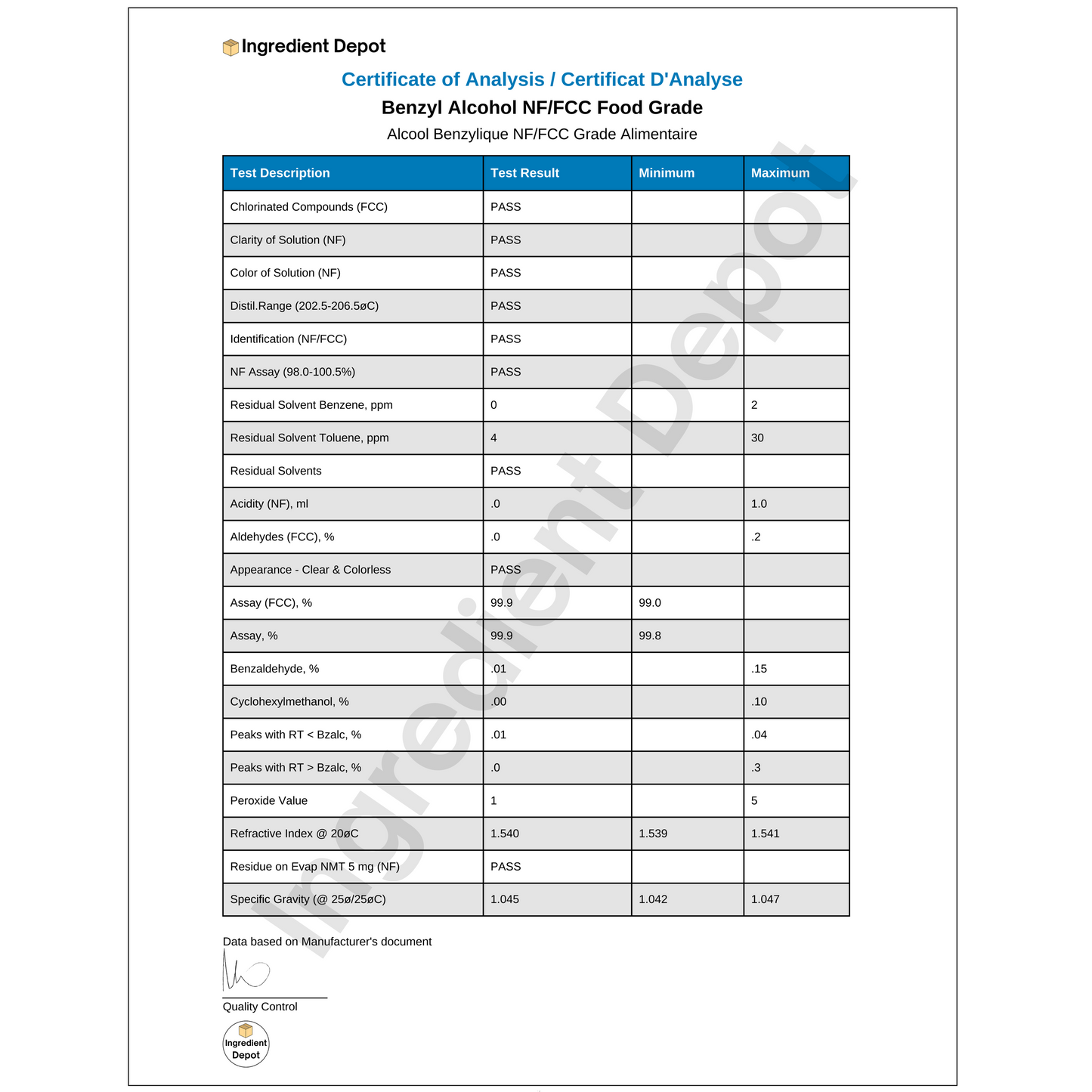 Benzyl Alcohol Food Grade 2.5 litres - IngredientDepot.com