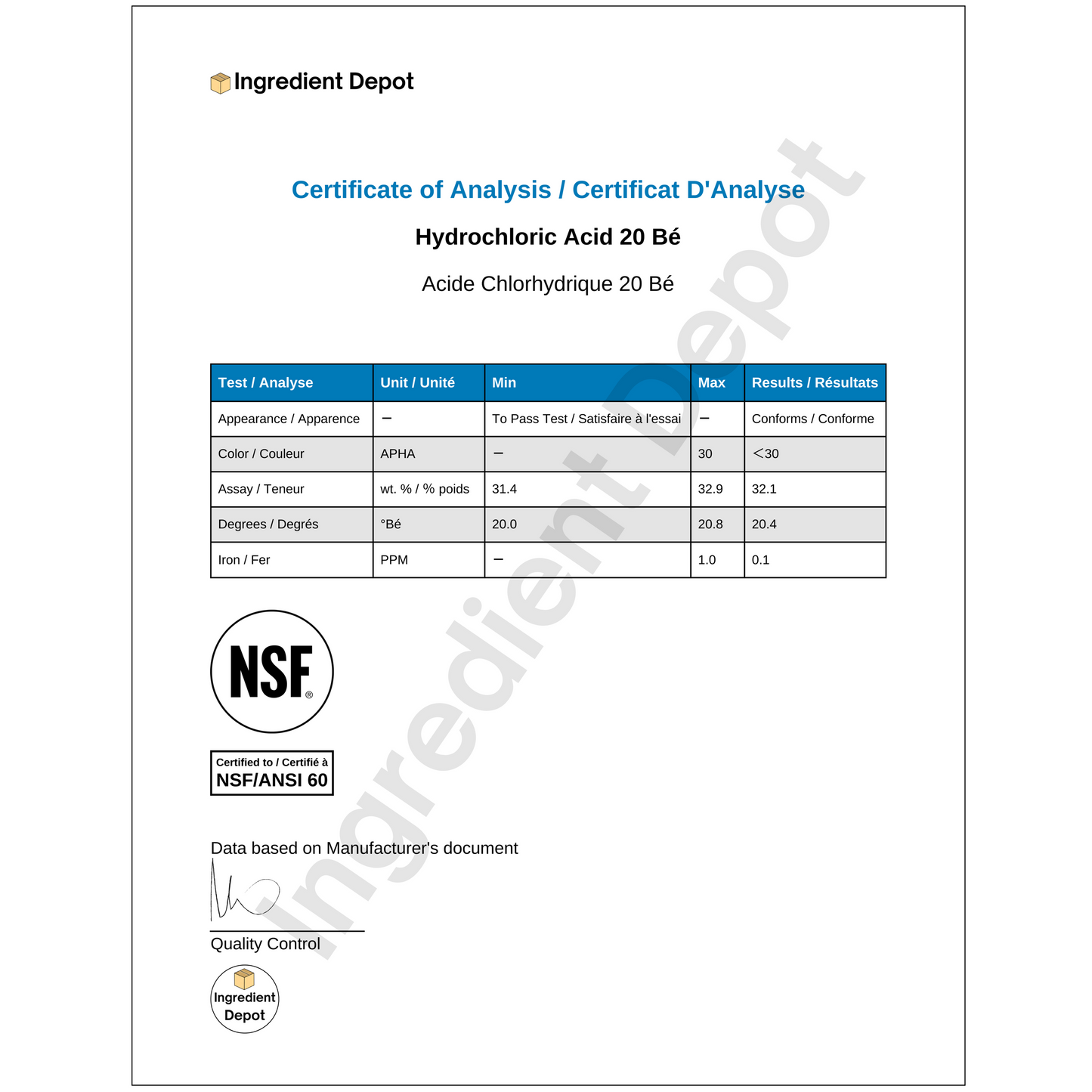 Hydrochloric Acid (Muriatic Acid) 20° Baumé (31.45%) 240 litres - IngredientDepot.com