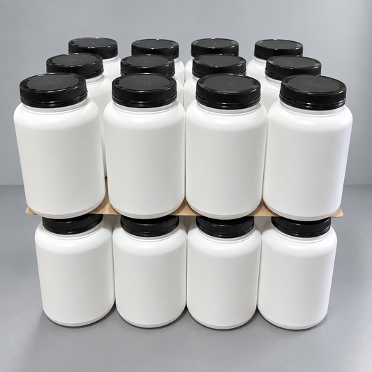 Pots blancs en plastique PEHD de 2 L et bouchons noirs — Lot de 24