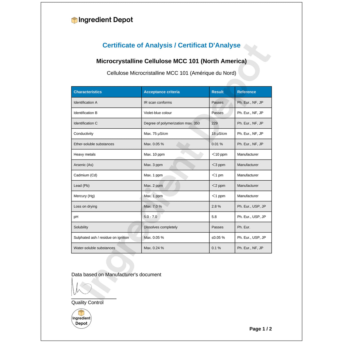 MCC 101 Microcrystalline Cellulose 20 kgs from North America COA Page 1 of 2