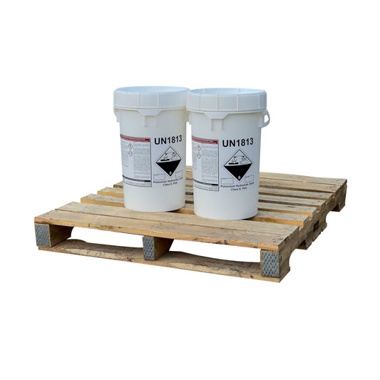 Potassium Hydroxide (Caustic Potash or KOH) Flakes - 22.68 kgs Pail(s) on a Pallet - IngredientDepot.com