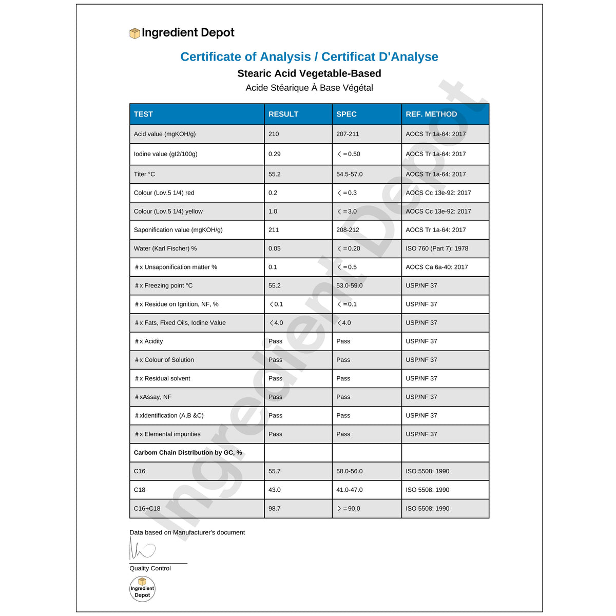 Stearic Acid, Vegetable-Based, Food Grade 2 kgs COA