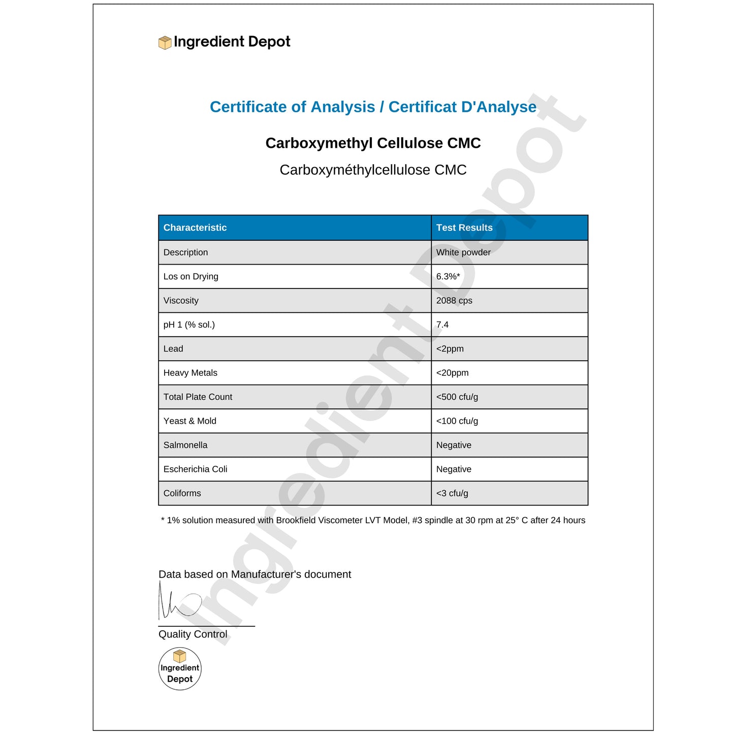 Carboxyméthyl Cellulose CMC - USP/NF Grade 25 kgs