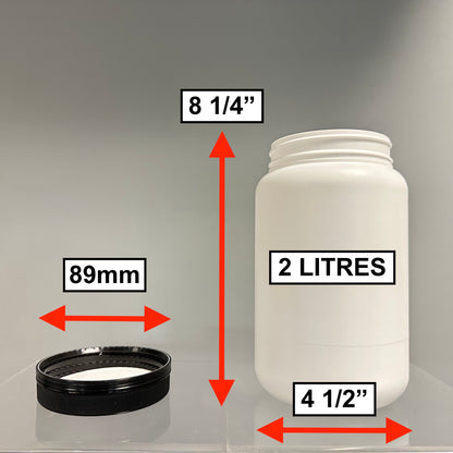 Pots blancs en plastique PEHD de 2 L et bouchons noirs — Lot de 24
