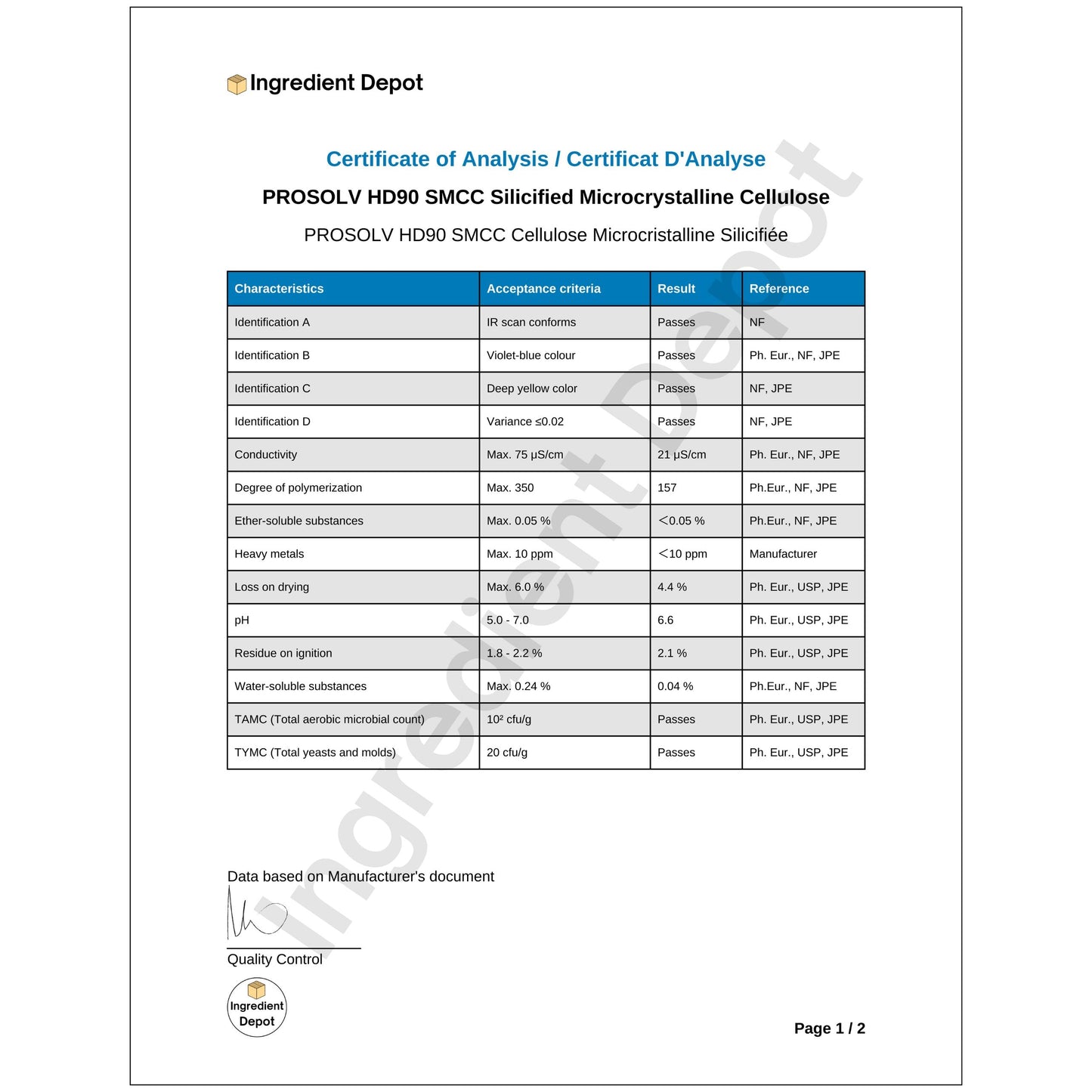 PROSOLV SMCC HD90 Cellulose Microcristalline Silicifiée 20 kgs