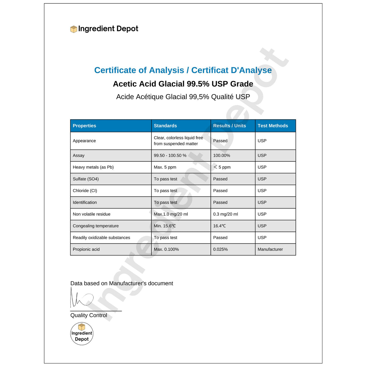 Acetic Acid Glacial 99.5% USP Grade 200 litres COA
