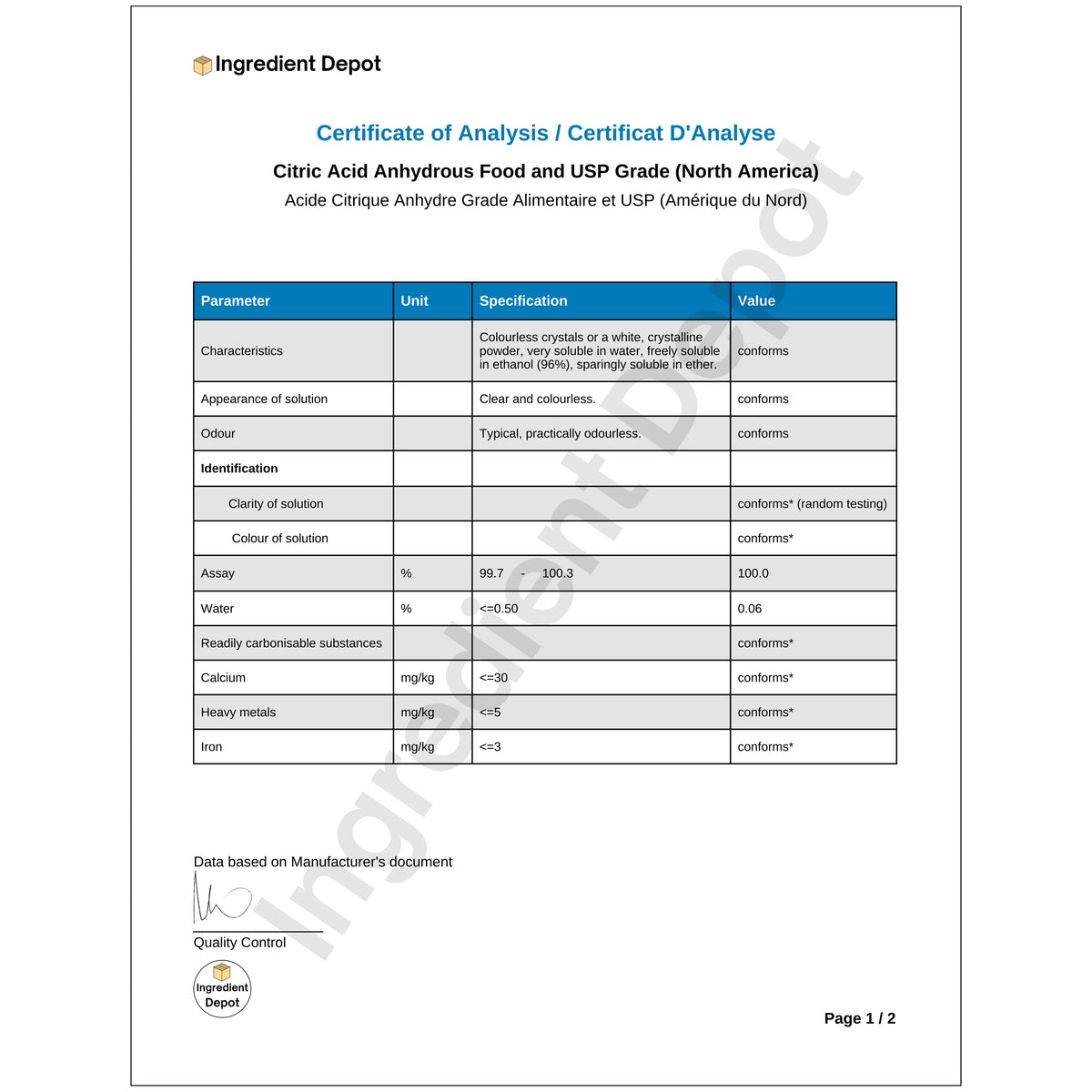 Citric Acid Food and USP Grade (North America) 12 kgs COA Page 1